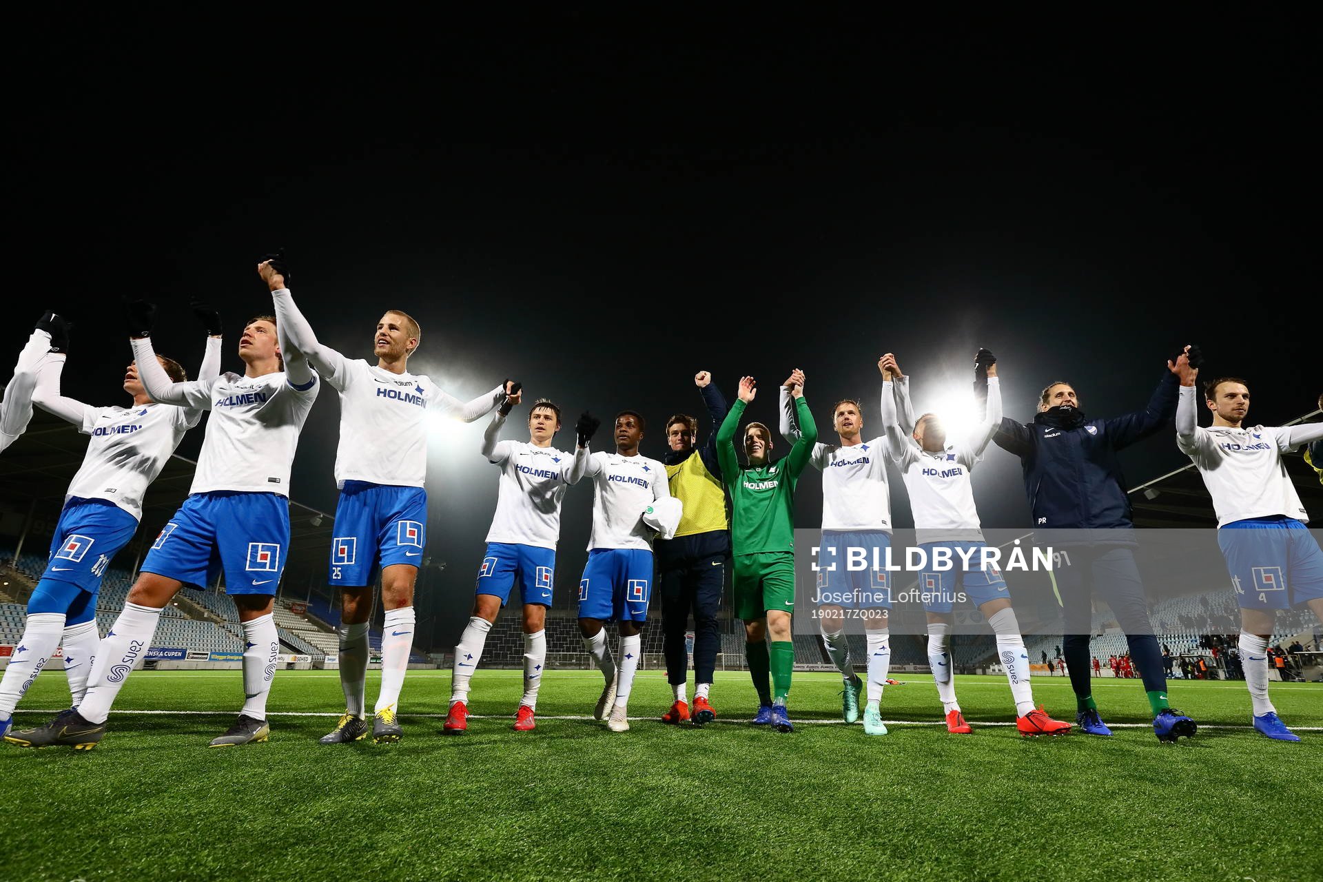 Norrköping jublar efter fotbollsmatchen i Svenska Cupen mellan Norrköping och Värnamo den 17 februari 2019 i Norrköping.