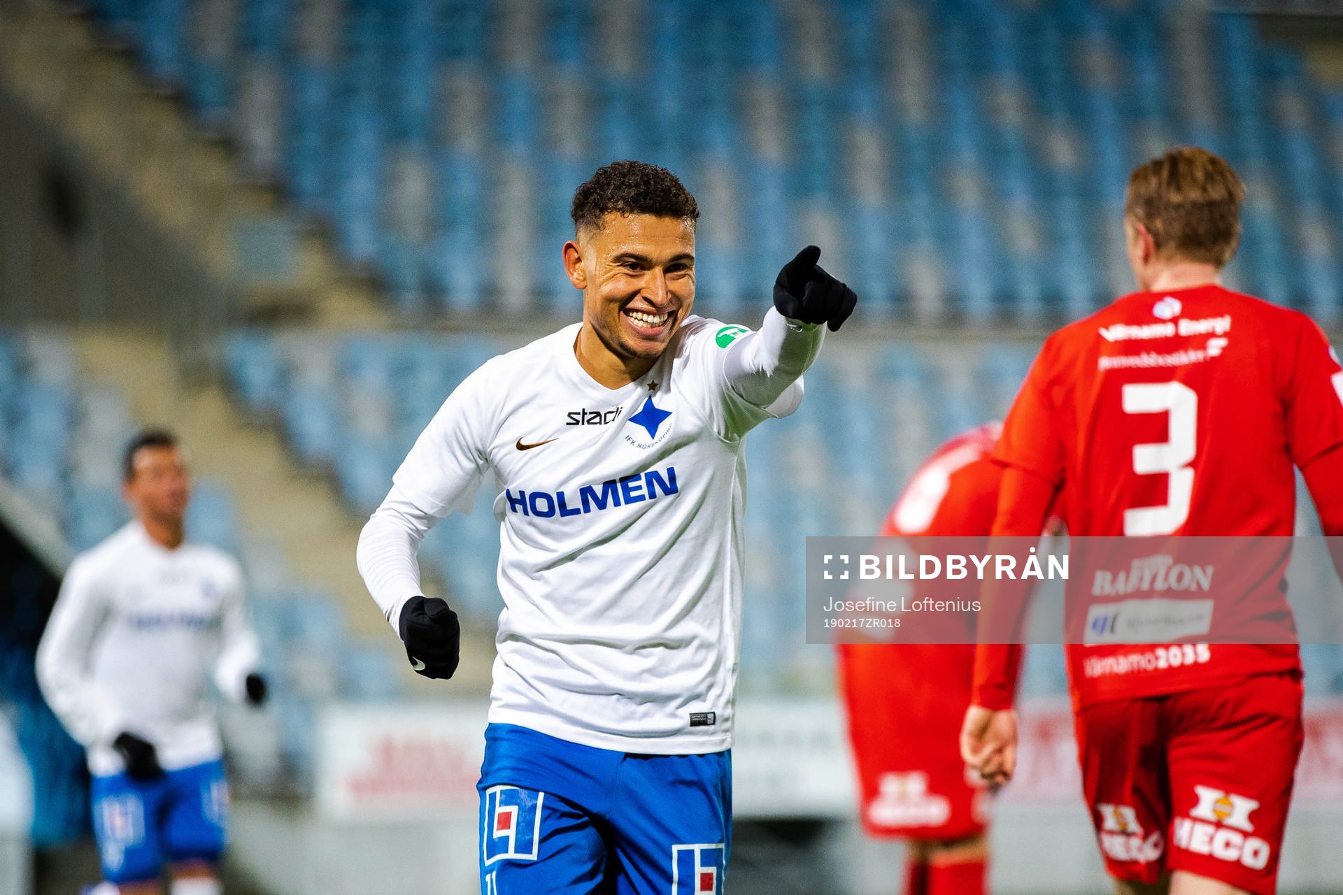 Norrköpings Jordan Larsson jublar efter 2-0 under fotbollsmatchen i Svenska Cupen mellan Norrköping och Värnamo den 17 februari 2019 i Norrköping.