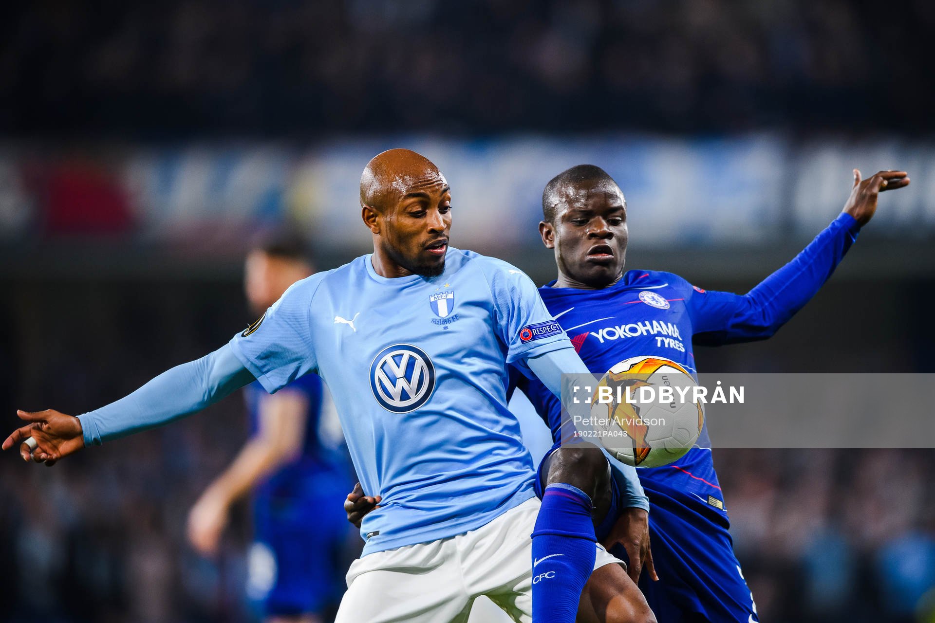 Fouad Bachirou of Malmö FF and N'Golo Kante of Chelsea during the Europa league match between Chelsea and Malmö FF on February 21, 2019 in London.