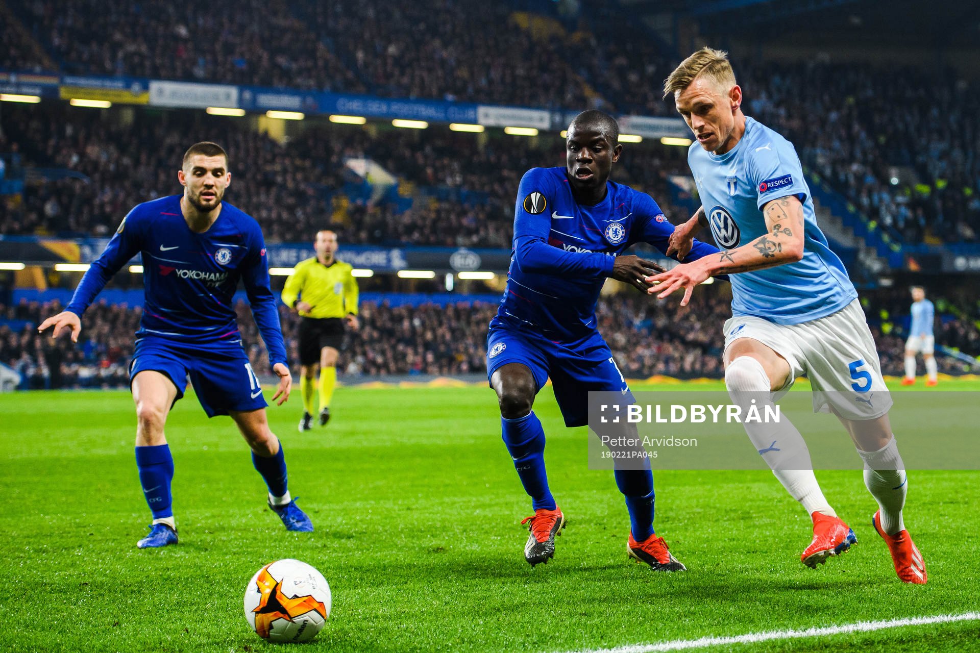 Sören Rieks of Malmö FF and Jorginho and N'Golo Kante of