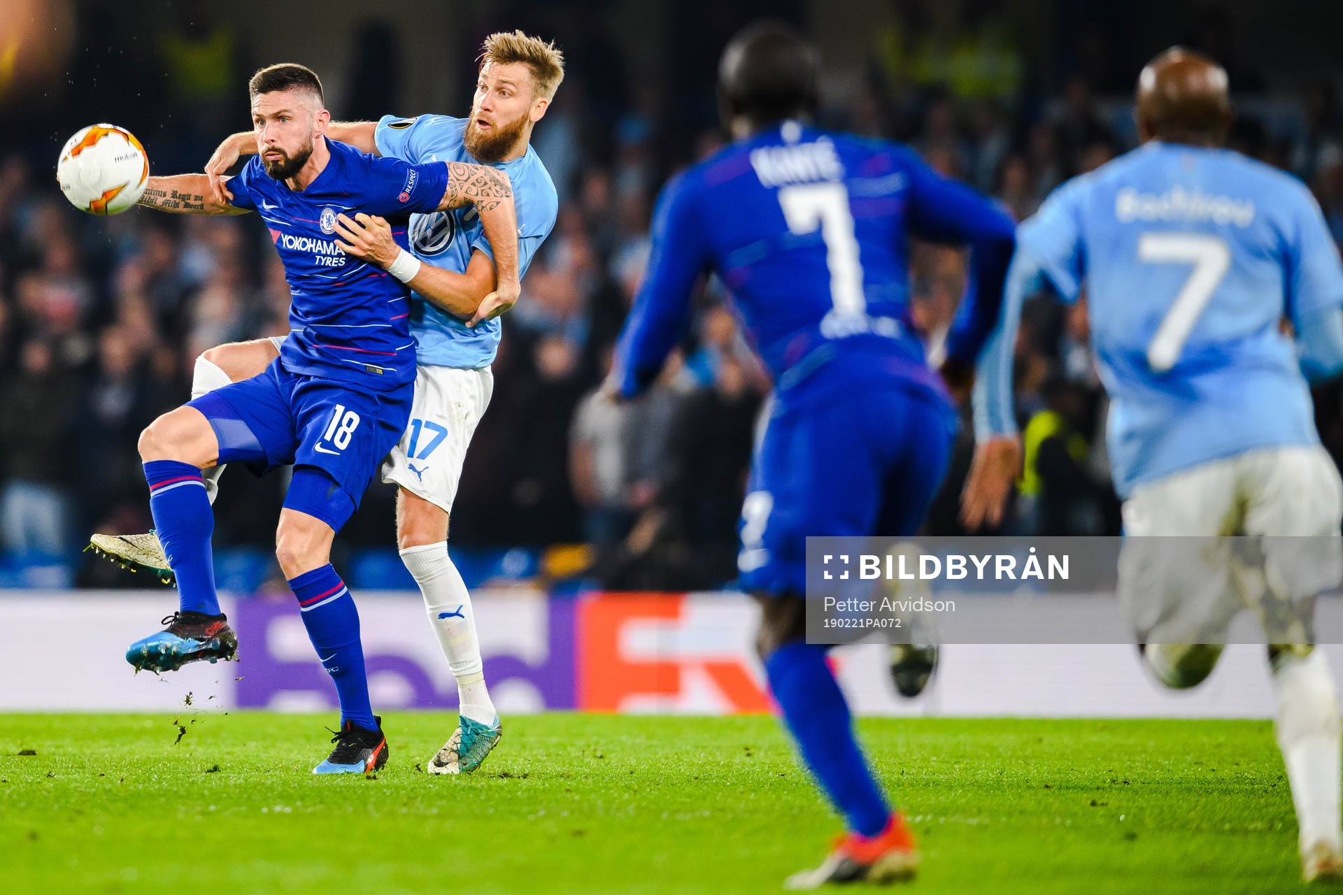 Olivier Giroud of Chelsea and Rasmus Bengtsson of Malmö FF