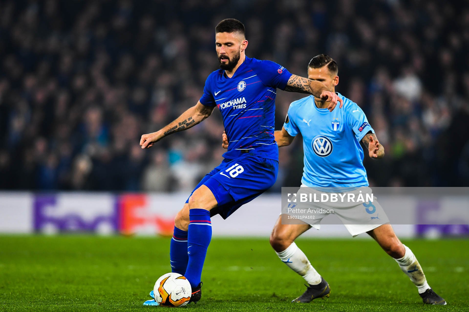 Olivier Giroud of Chelsea and Arnor Traustason of Malmö FF