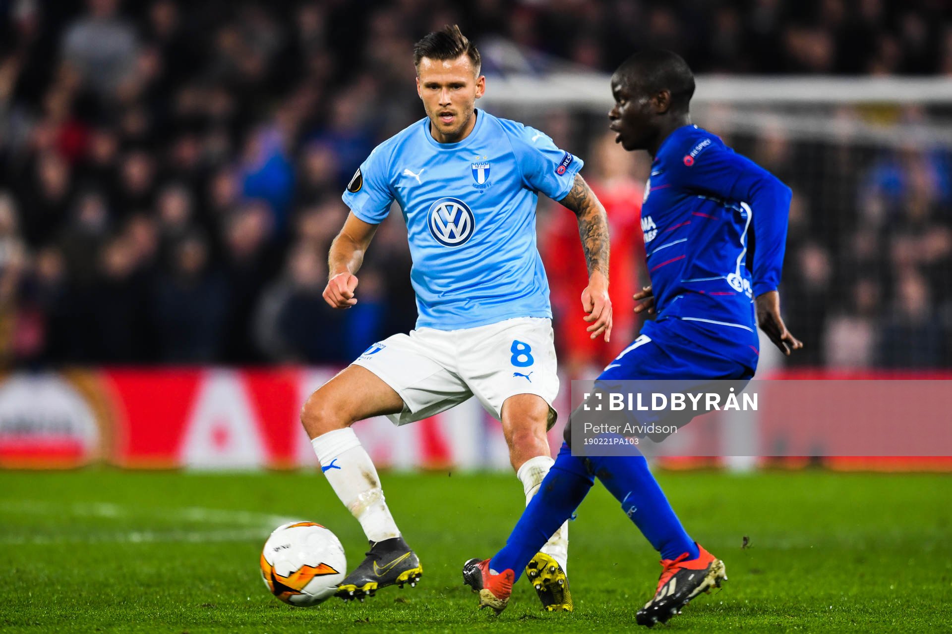 Arnor Traustason of Malmö FF and N'Golo Kante of Chelsea