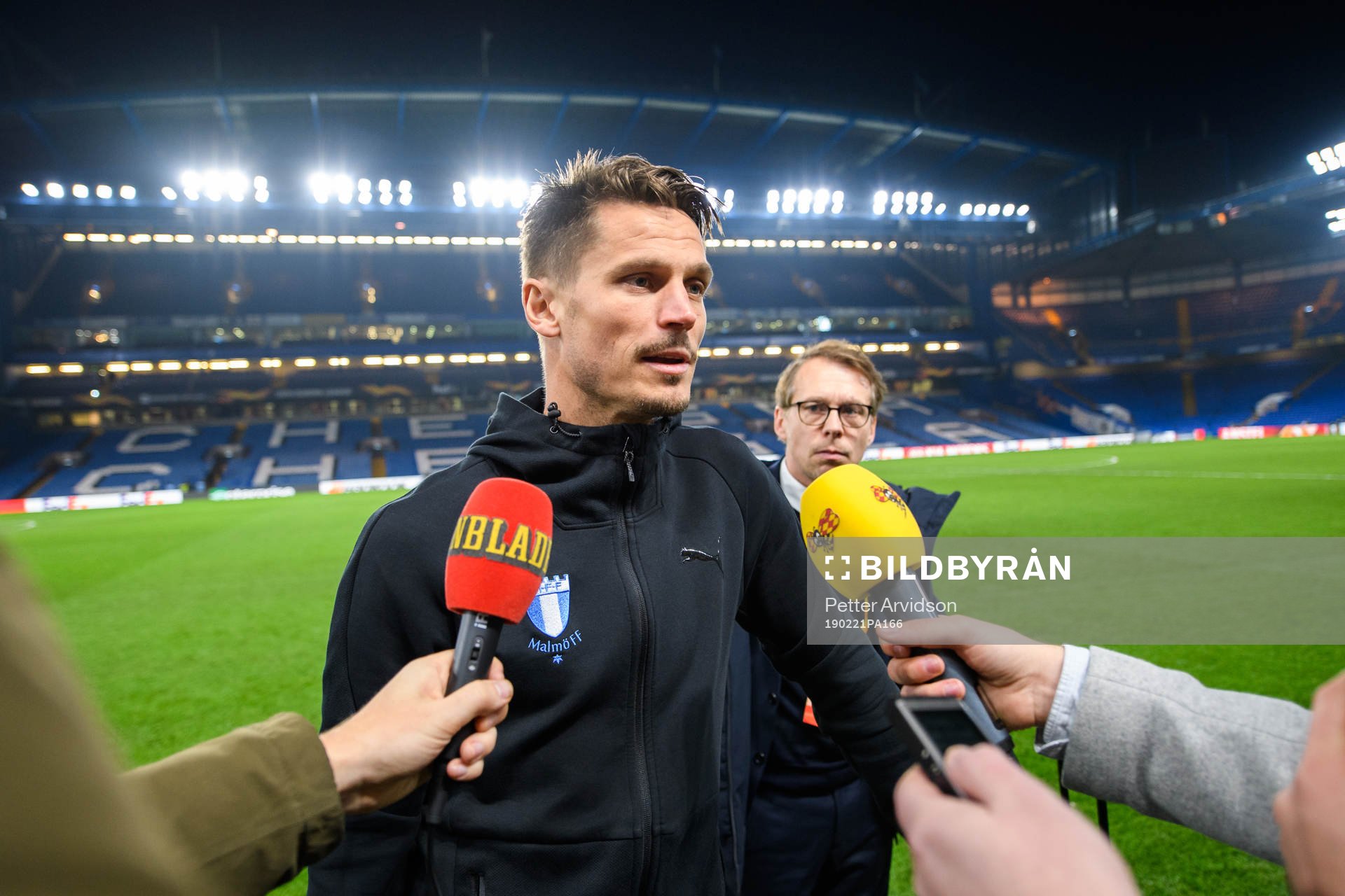 Markus Rosenberg of Malmö FF in the mixed zone after the Europa league match between Chelsea and Malmö FF on February 21, 2019 in London.