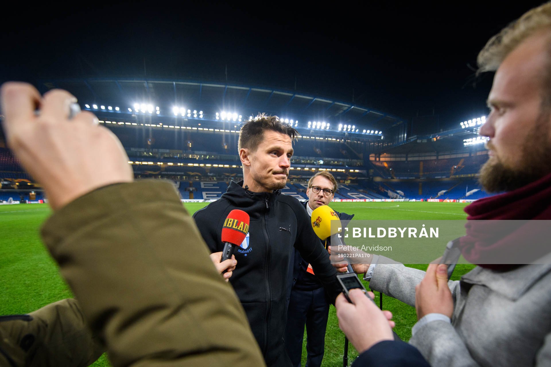 Markus Rosenberg of Malmö FF in the mixed zone after the Europa league match between Chelsea and Malmö FF on February 21, 2019 in London.