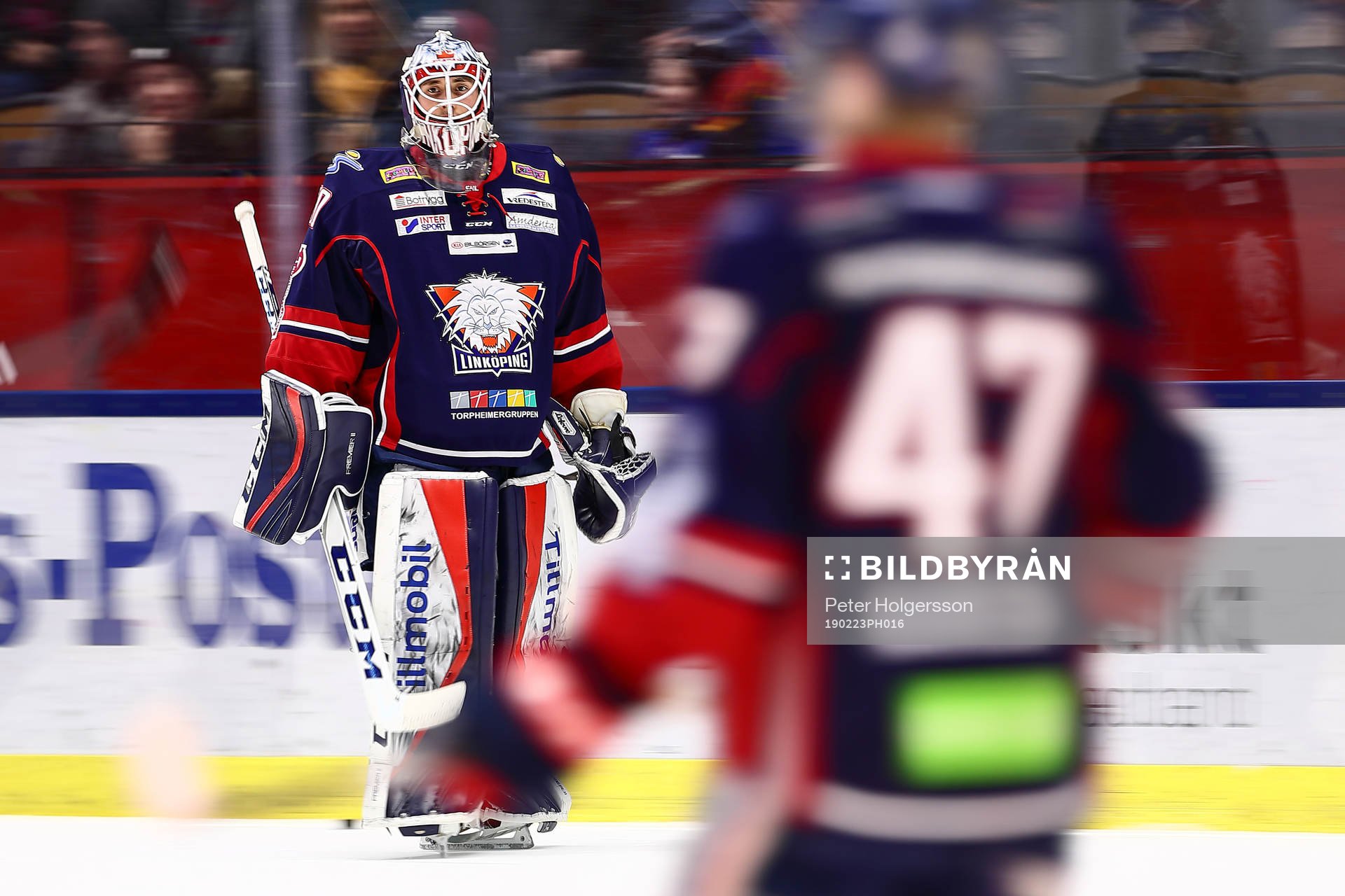 Linköpings målvakt Jacob Johansson före ishockeymatchen
