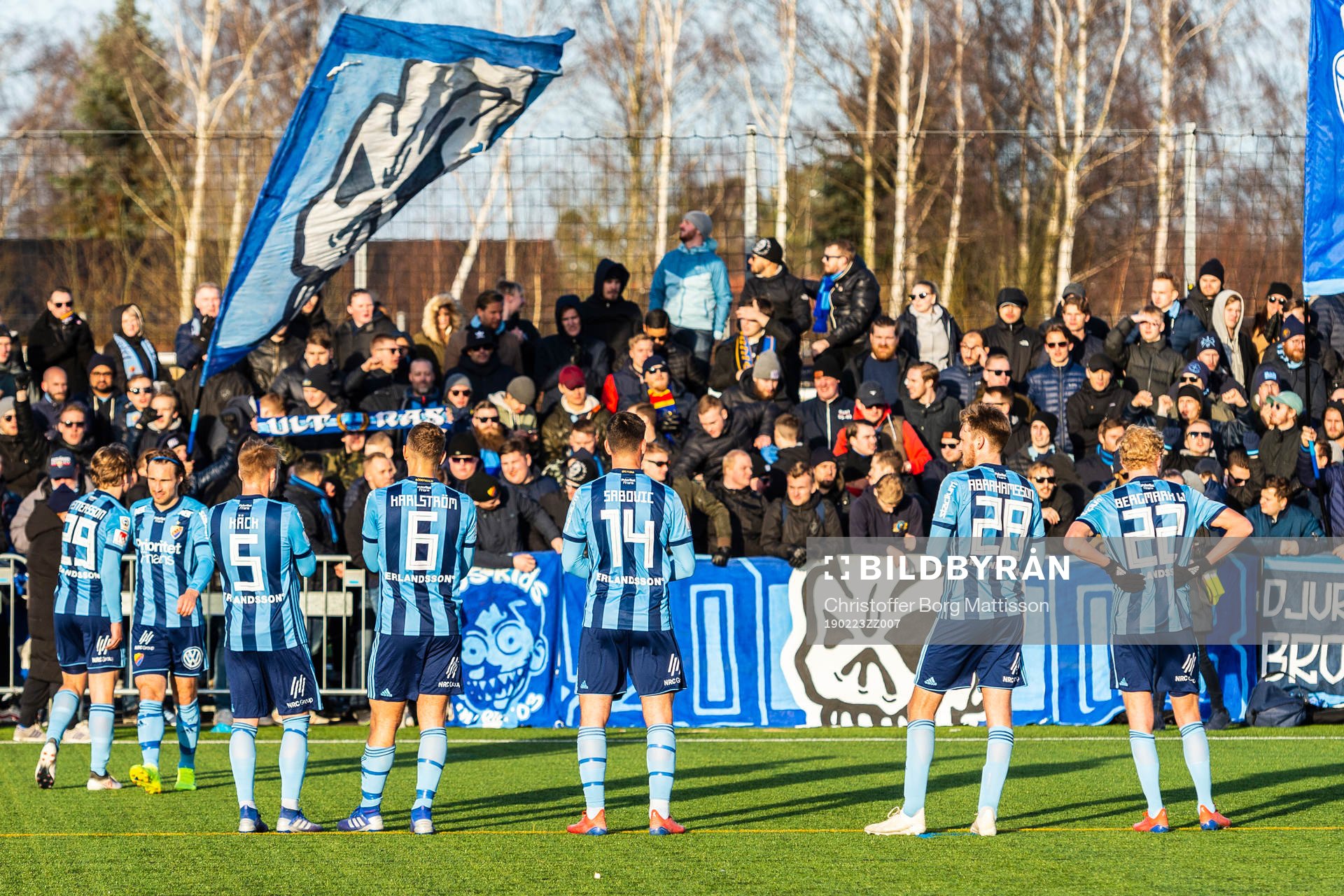 Djurgårdens spelare jublar efter fotbollsmatchen i Svenska Cupen mellan Hässleholm och Djurgården den 23 februari 2019 i Hässleholm.