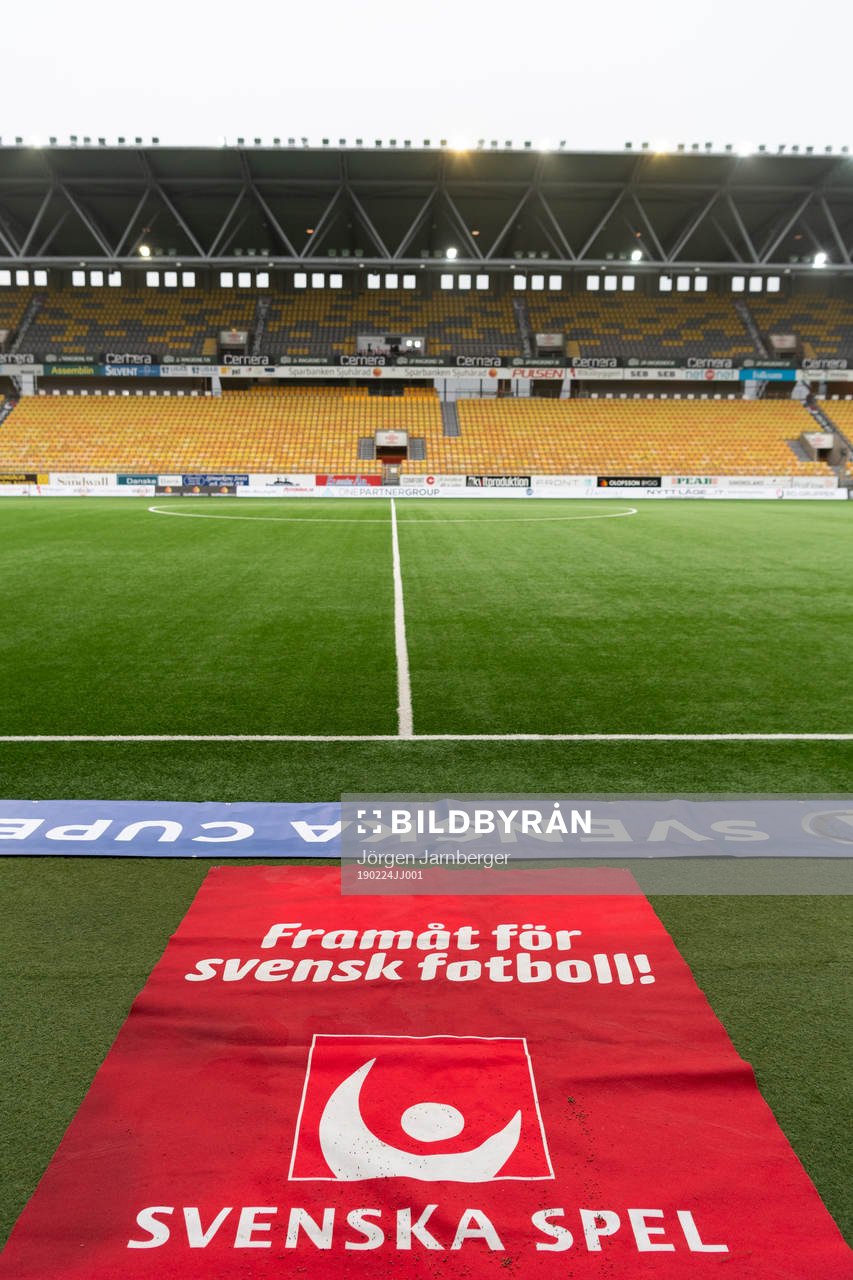 Interiör på Borås arena med Svenska spels logga inför fotbollsmatchen i Svenska cupen mellan Elfsborg och Frej den 24 februari 2019 i Borås.