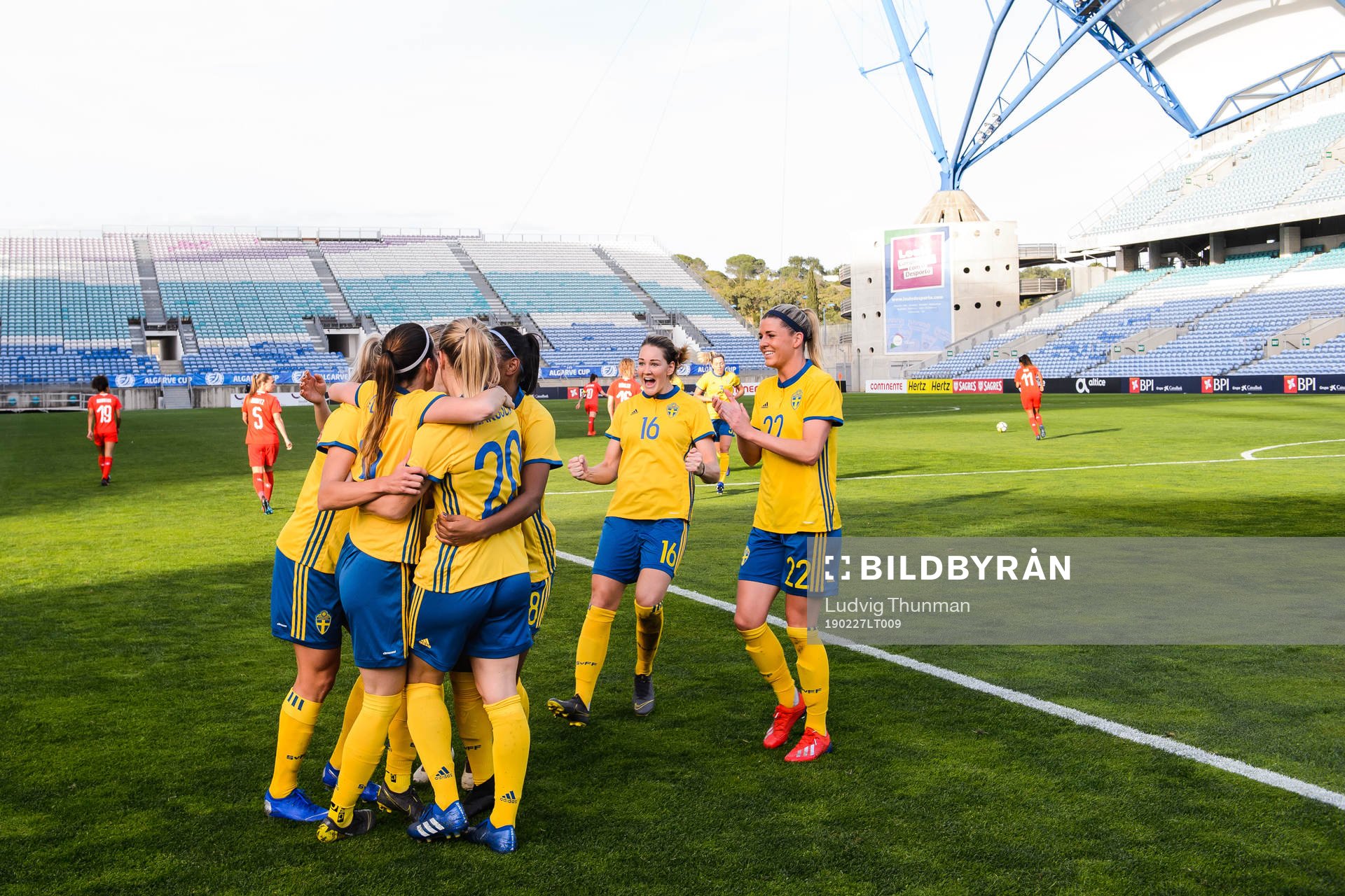 Mia Carlsson, Olivia Schough and Mimmi Larsson of Sweden celebrates with teammates after 1-0 during the Algarve Cup 2019 match between Sweden and Switzerland on February 27, 2019 in Algarve.