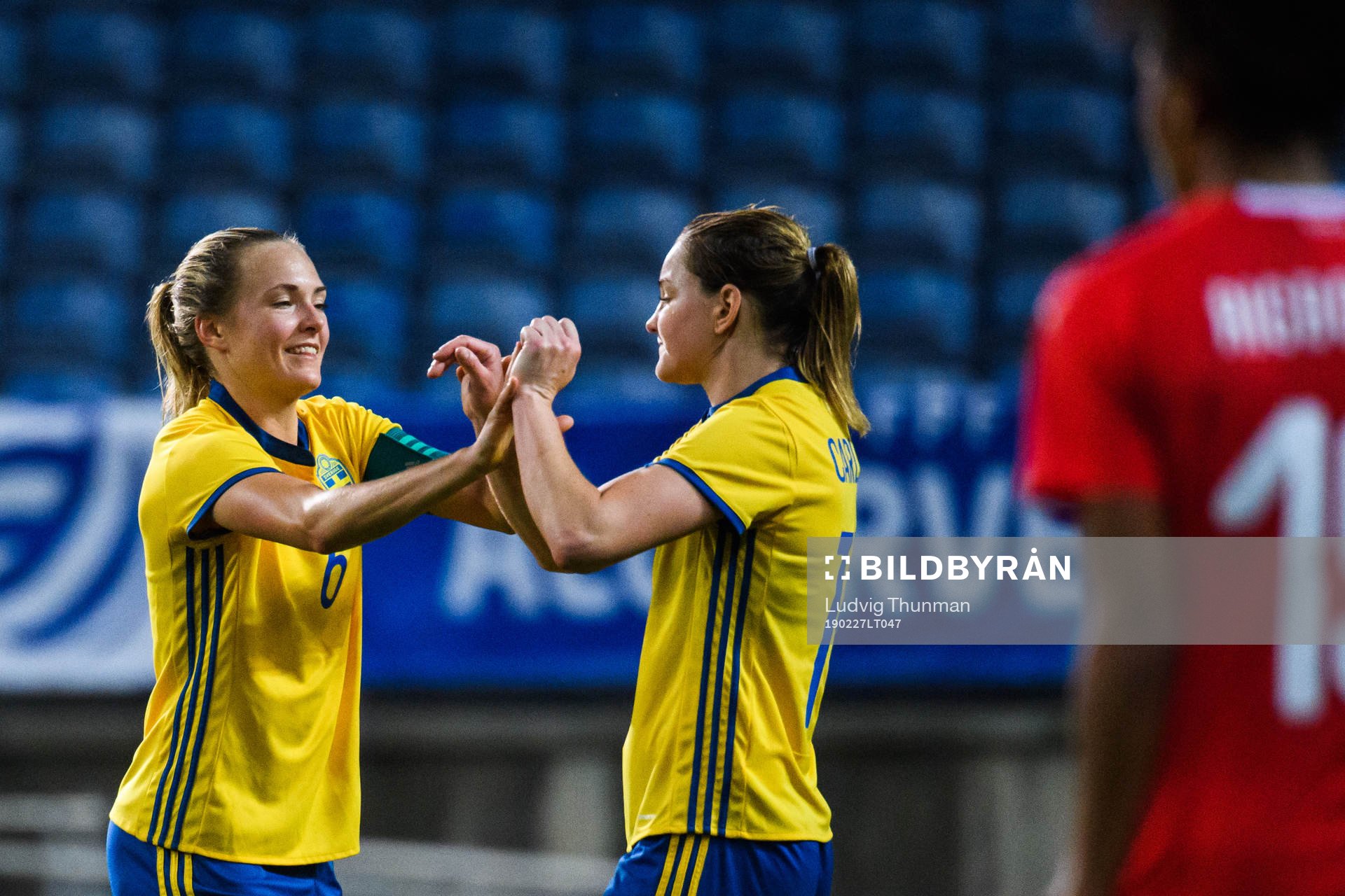 Magdalena Eriksson and Mia Carlsson of Sweden  celebrates after the Algarve Cup 2019 match between Sweden and Switzerland on February 27, 2019 in Algarve.