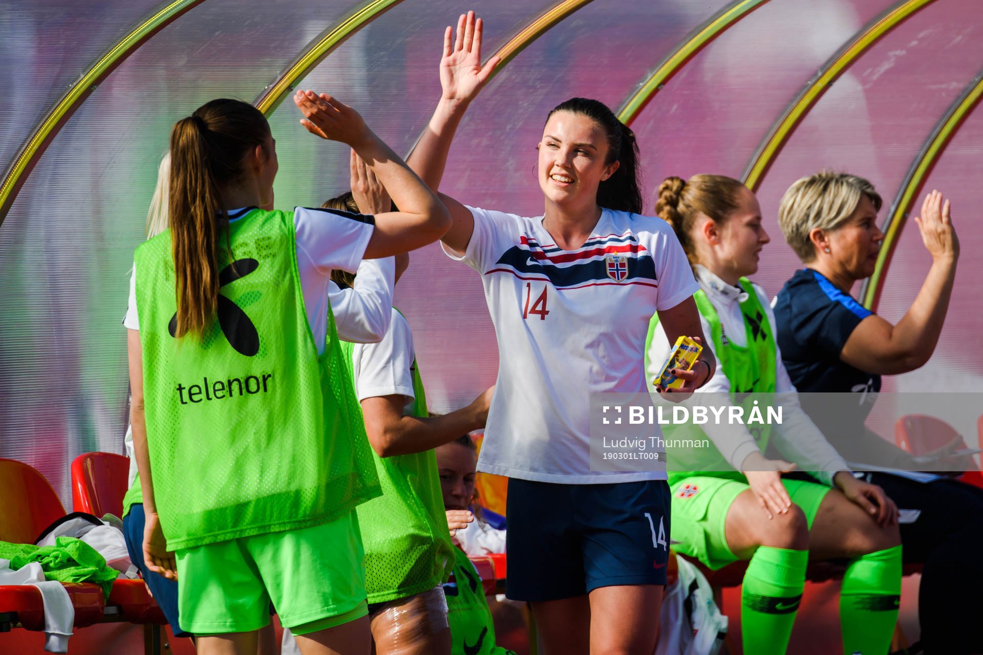 Ingrid Syrstad Engen of Norway celebrates with substitutes