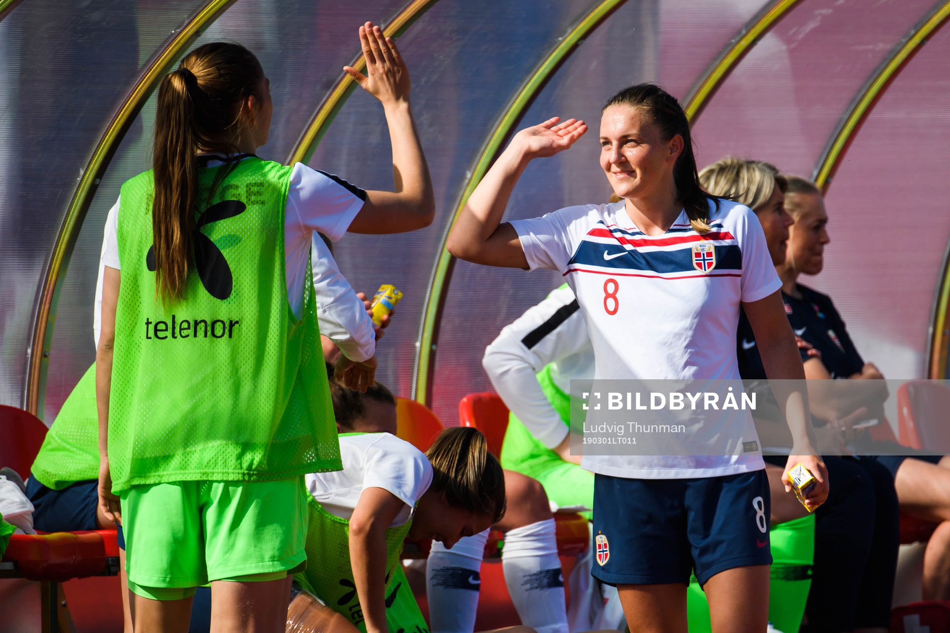 Ingrid Syrstad Engen of Norway celebrates with substitutes