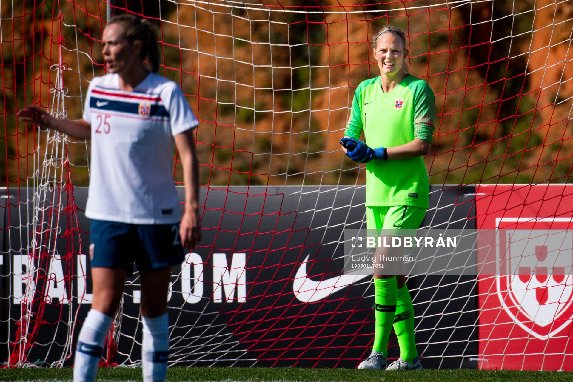 Stine Hovland and goalkeeper Ingrid Hjelmseth +of Norway
