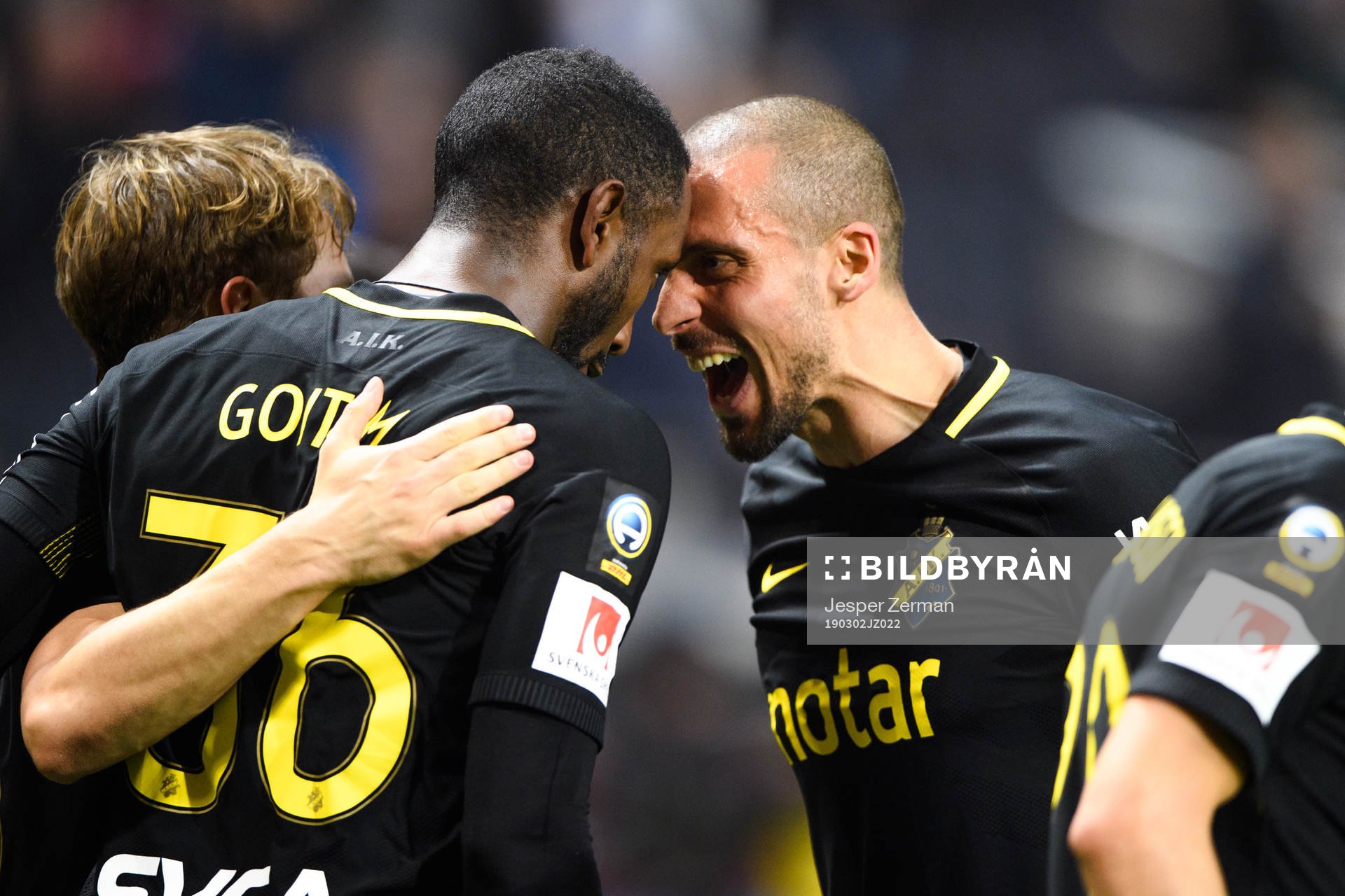 AIK:s Henok Goitom och Panajotis Dimitriadis jublar efter 1-0 under fotbollsmatchen i Svenska cupen mellan AIK och Örgryte den 2 mars 2019 i Stockholm.