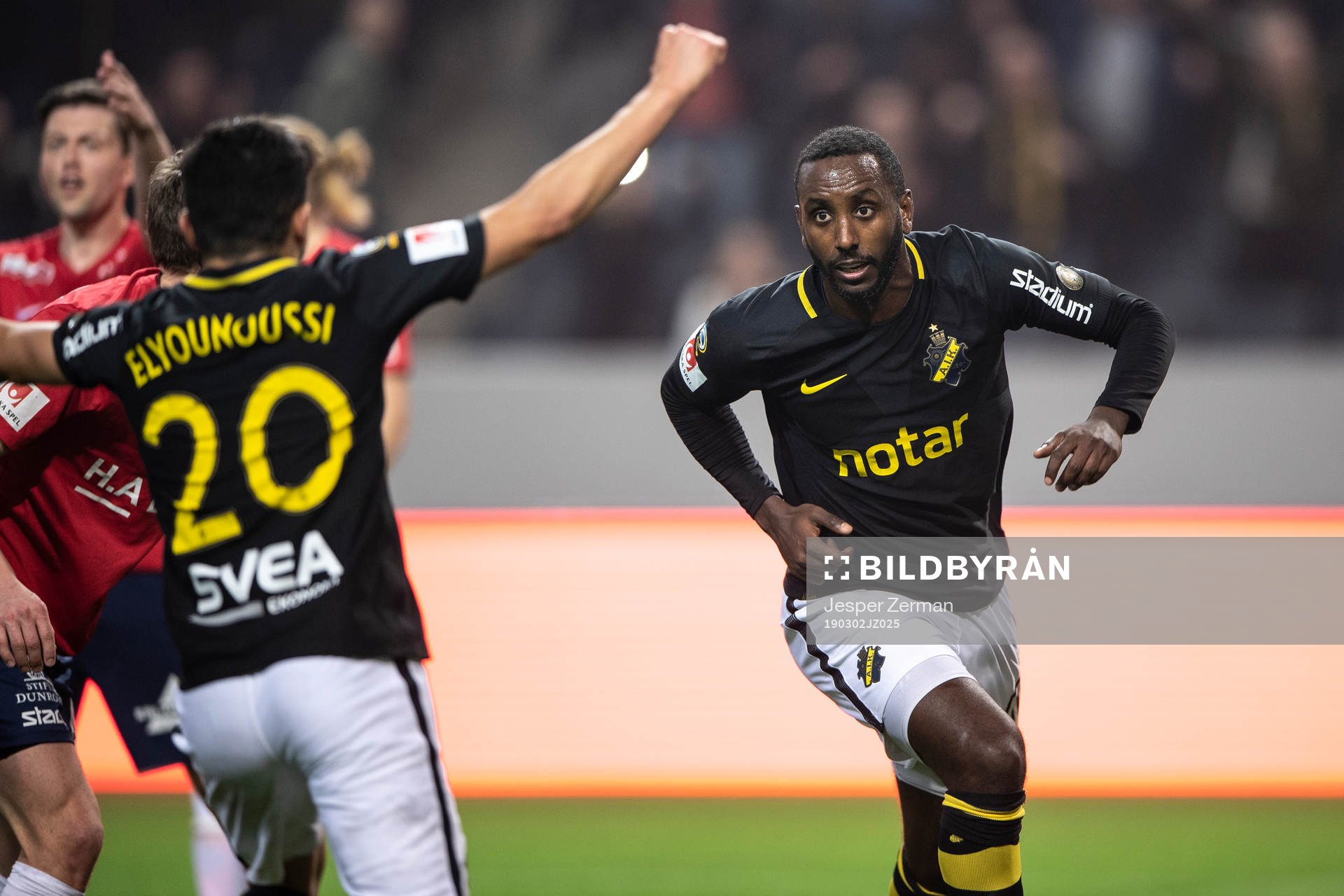 AIK:s Henok Goitom  (h) jublar efter sitt 1-0 mål under fotbollsmatchen i Svenska cupen mellan AIK och Örgryte den 2 mars 2019 i Stockholm.