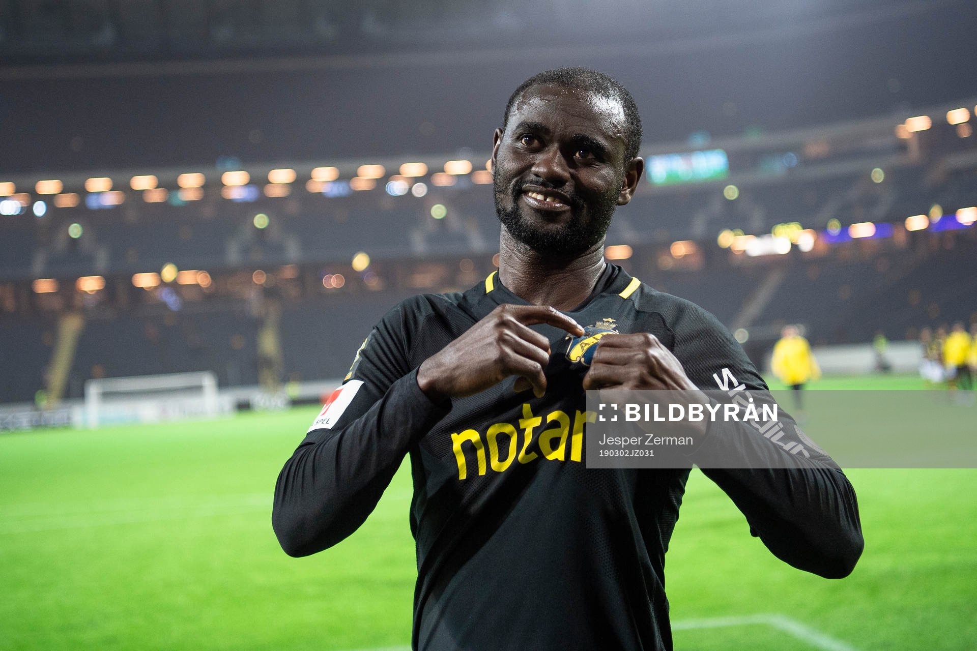AIK:s Enoch Kofi Adu jublar efter fotbollsmatchen i Svenska cupen mellan AIK och Örgryte den 2 mars 2019 i Stockholm.