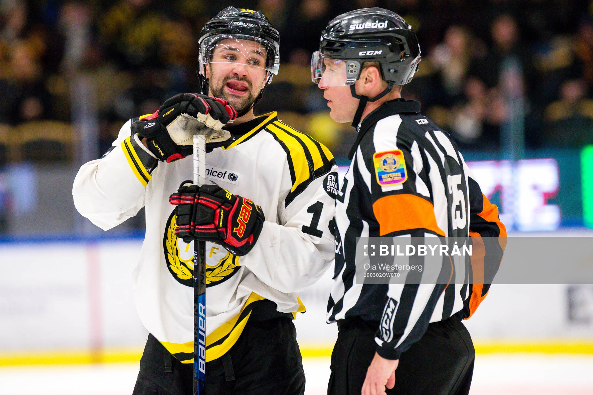 Brynäs Johan Alcén pratar med domare Tobias Björk
