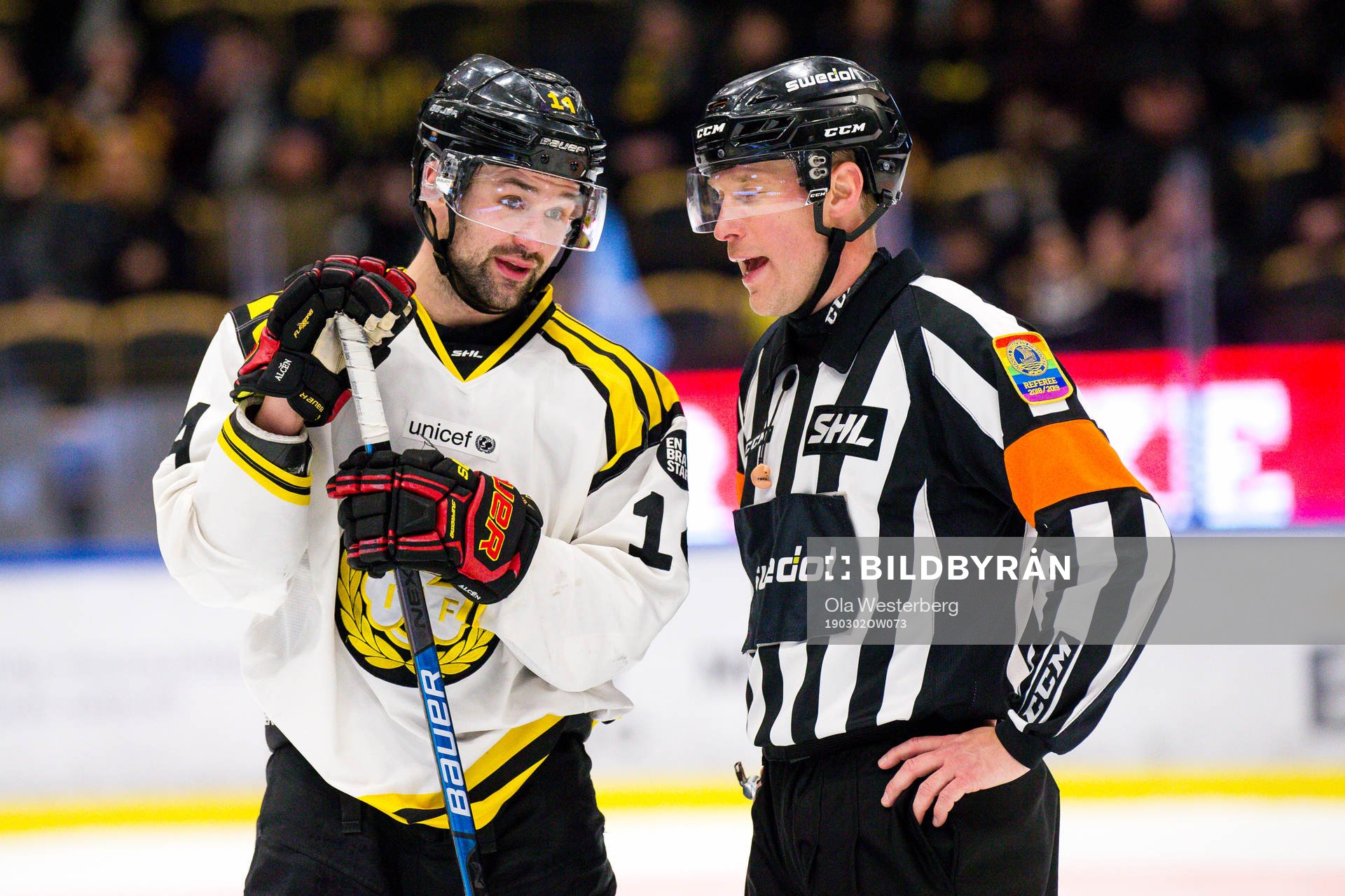 Brynäs Johan Alcén pratar med domare Tobias Björk