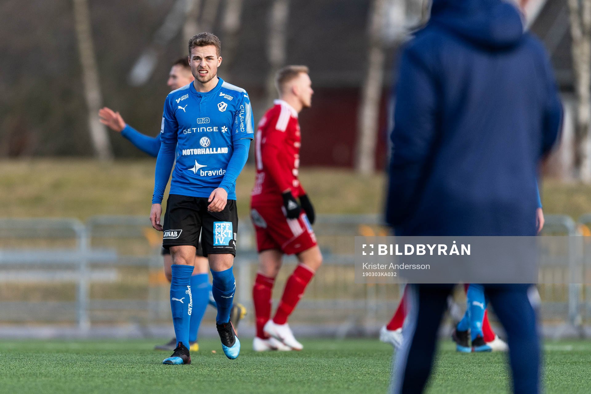 Halmstads Gabriel Gudmundsson jublar efter fotbollsmatchen i Svenska Cupen mellan Halmstad och Karlstad den 3 mars 2019 i Halmstad.
