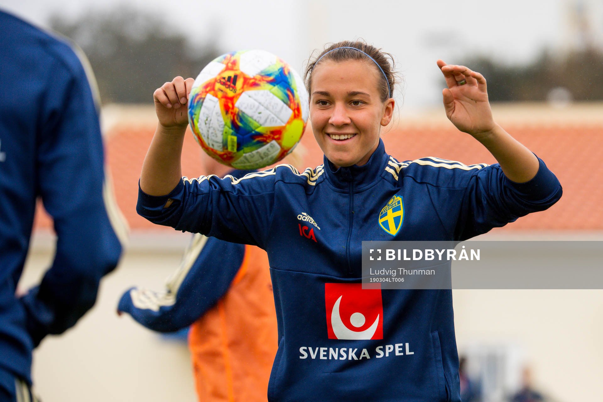 Julia Zigiotti Olme under under en träning med Sveriges damlandslag i fotboll den 4 mars 2019 i Ferreiras.
