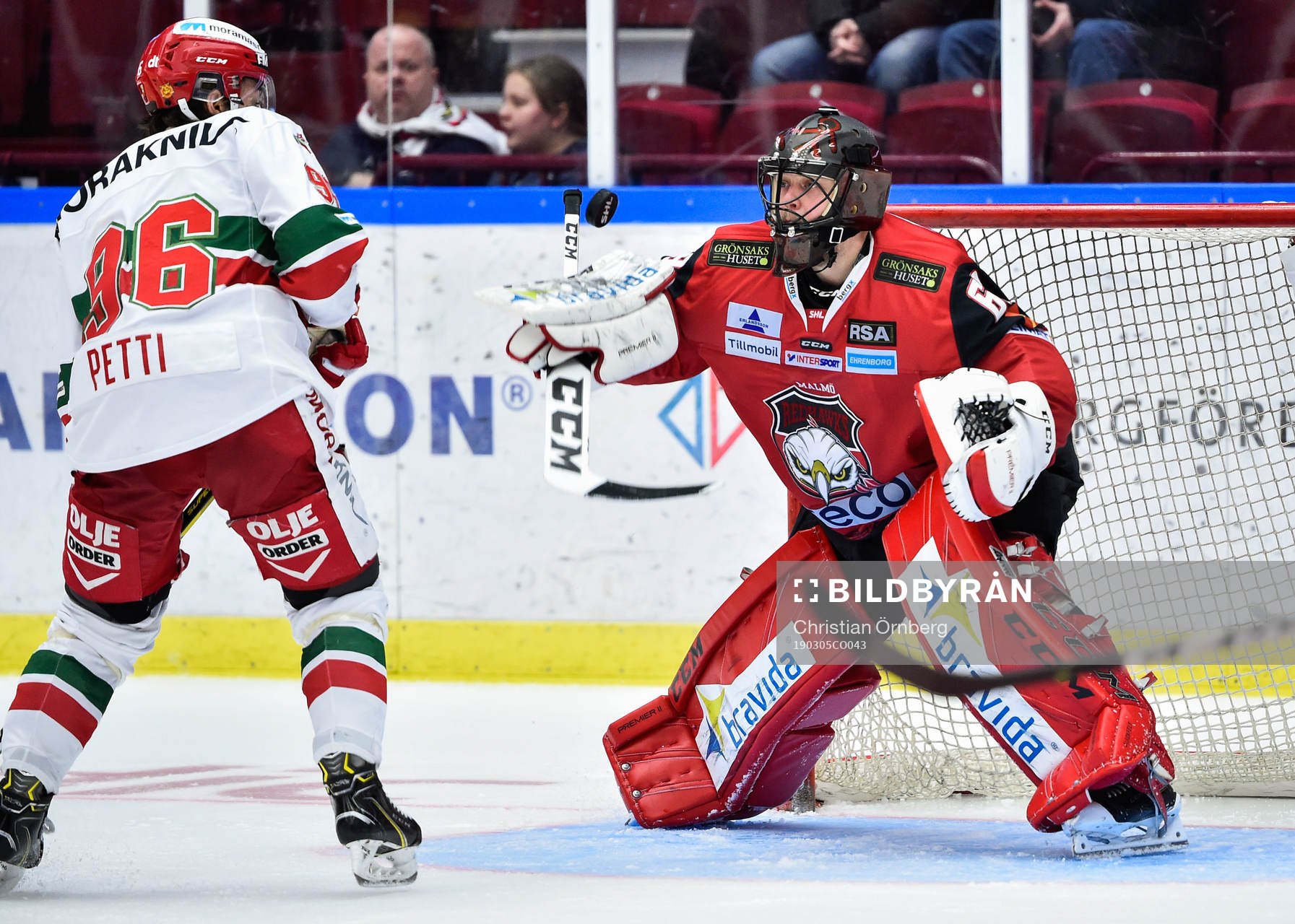 Moras Niki Petti och Malmö Redhawks målvakt Oscar