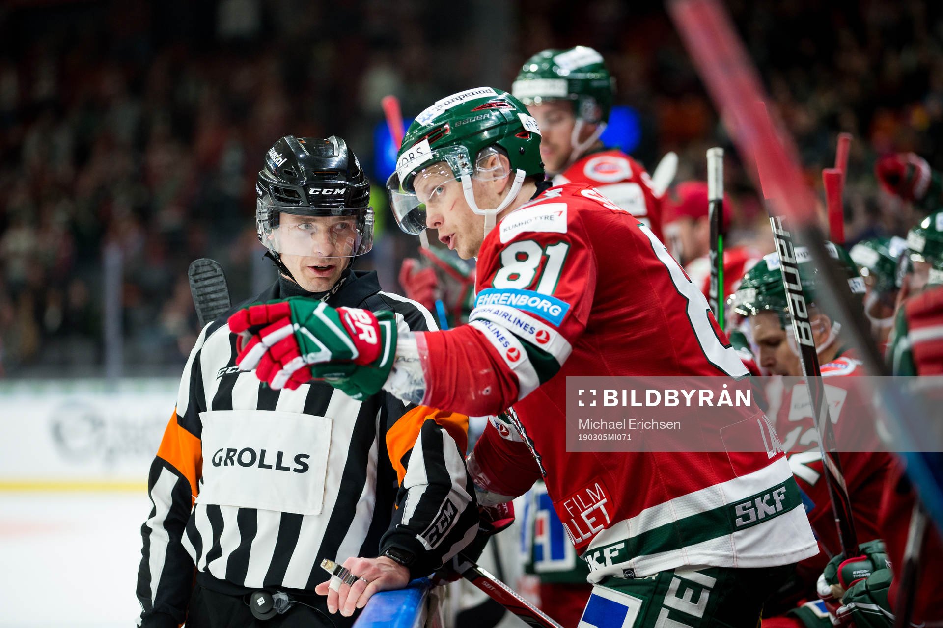 Domare Mikael Andersson pratar med Frölundas Ryan Lasch
