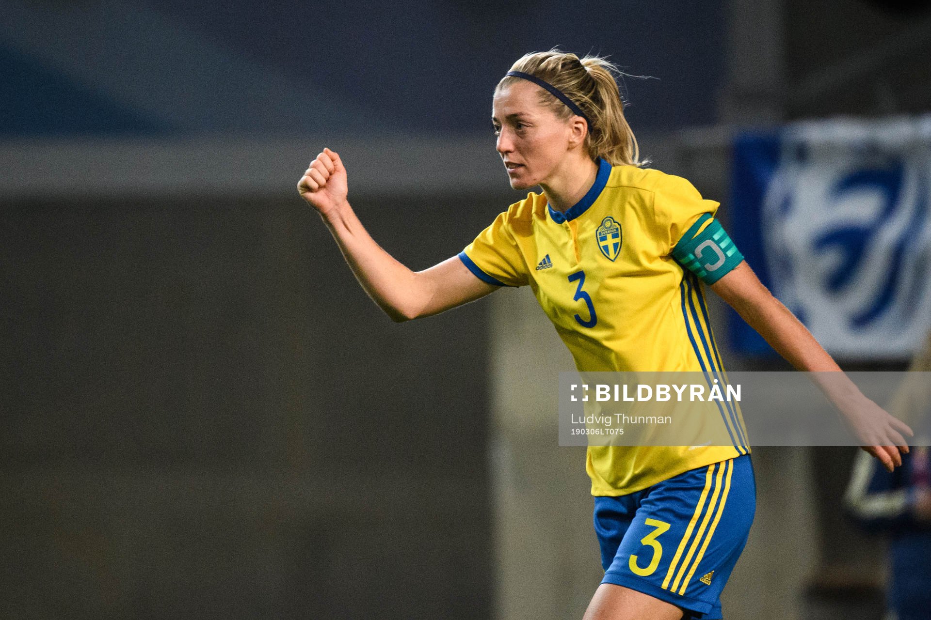 Linda Sembrant of Sweden celebrates after scoring a penalty shot during the Algarve Cup 2019 match between Canada and Sweden on March 6, 2019 in Almancil.