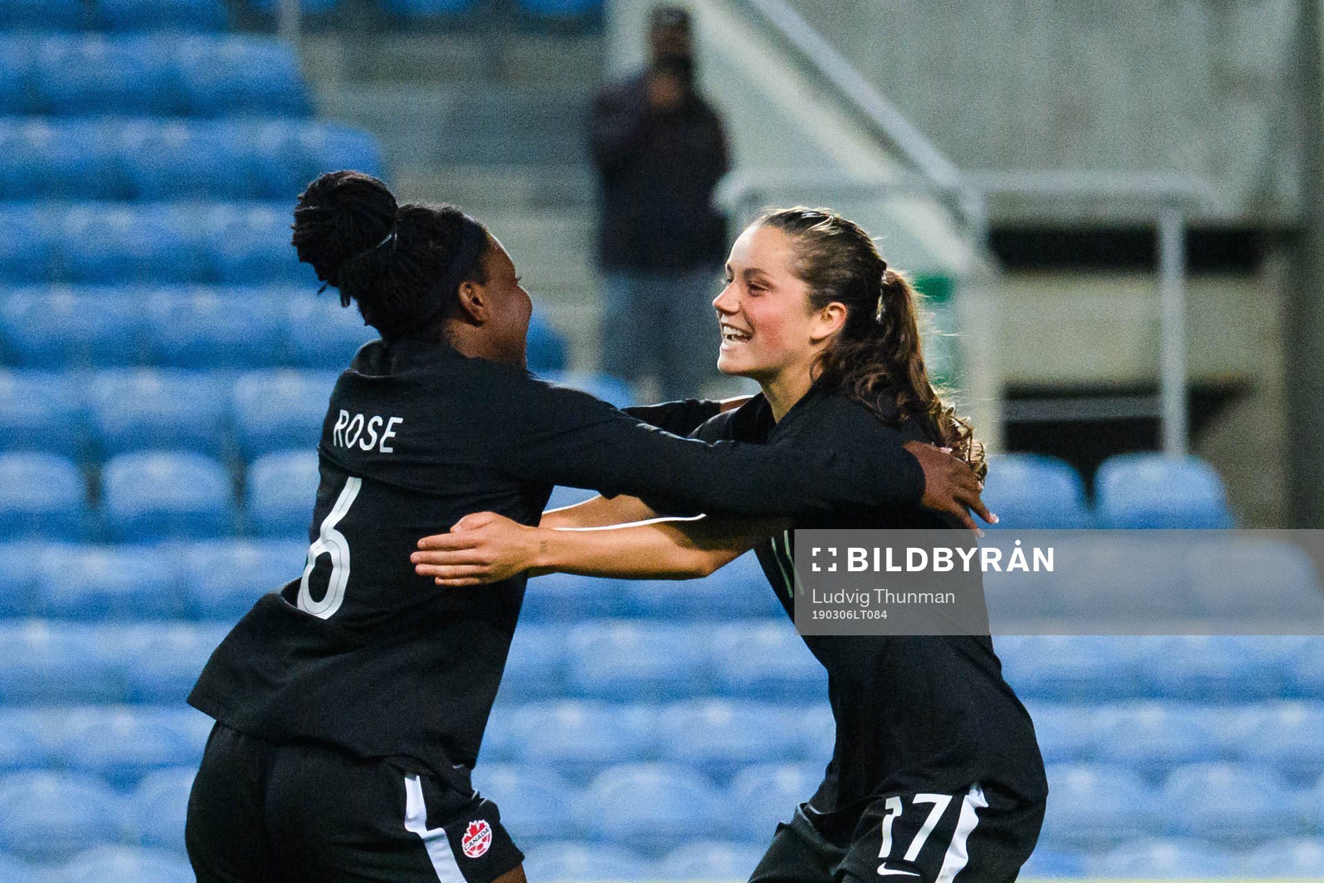 Deanne Rose and Jessie Fleming of Canada celebrates after the Algarve Cup 2019 match between Canada and Sweden on March 6, 2019 in Almancil.