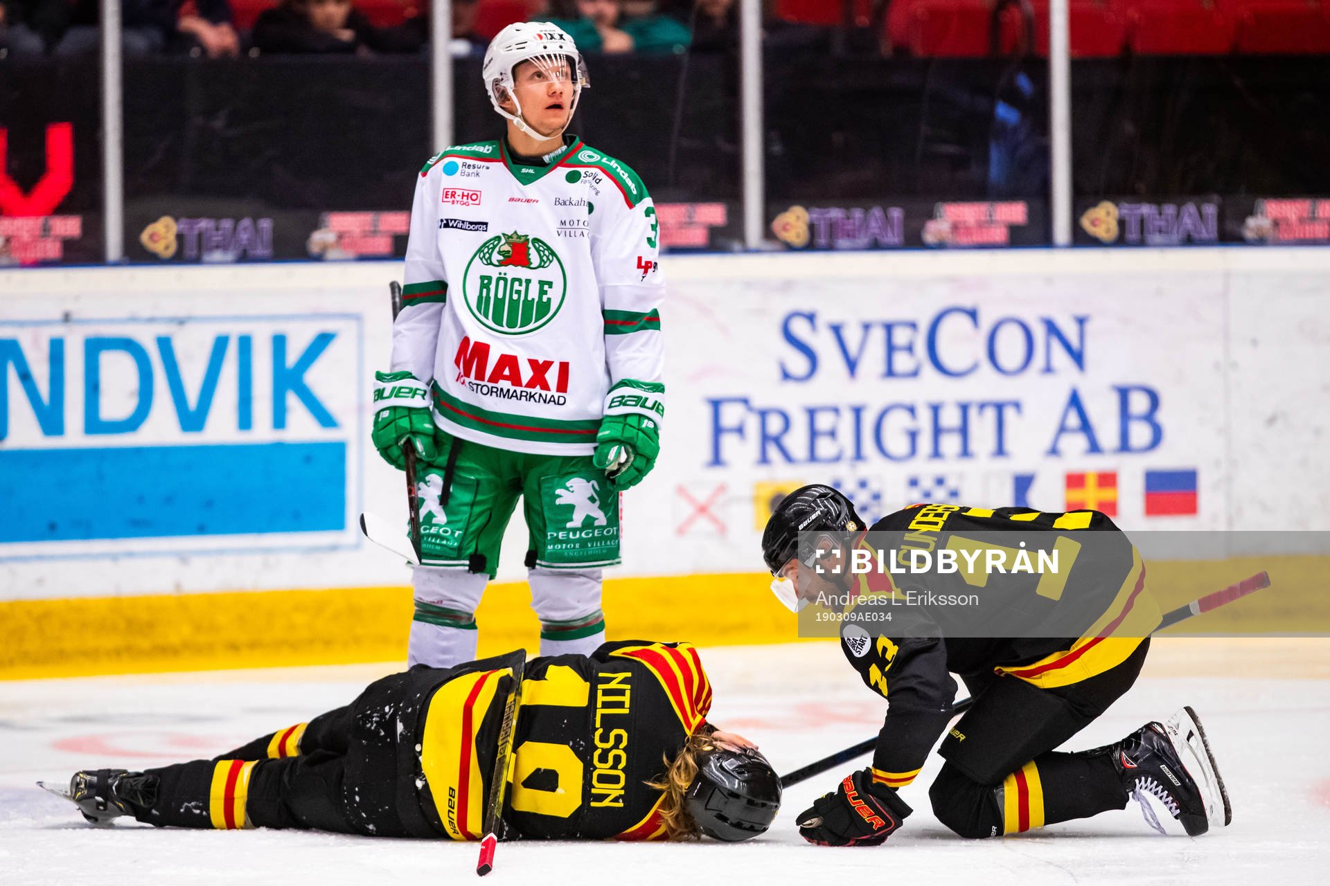 Brynäs Ryan Gunderson och Rögles Daniel Bertov kollar