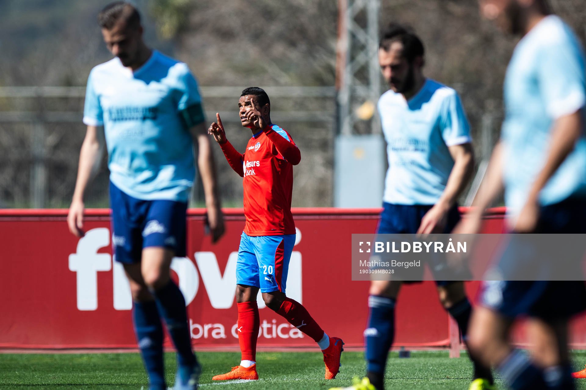 Helsingborgs Wanderson Do Carmo jublar efter att han gjort 2-0 under träningsmatchen i fotboll mellan Helsingborg och Moutier den 9 mars 2019 i Palma.