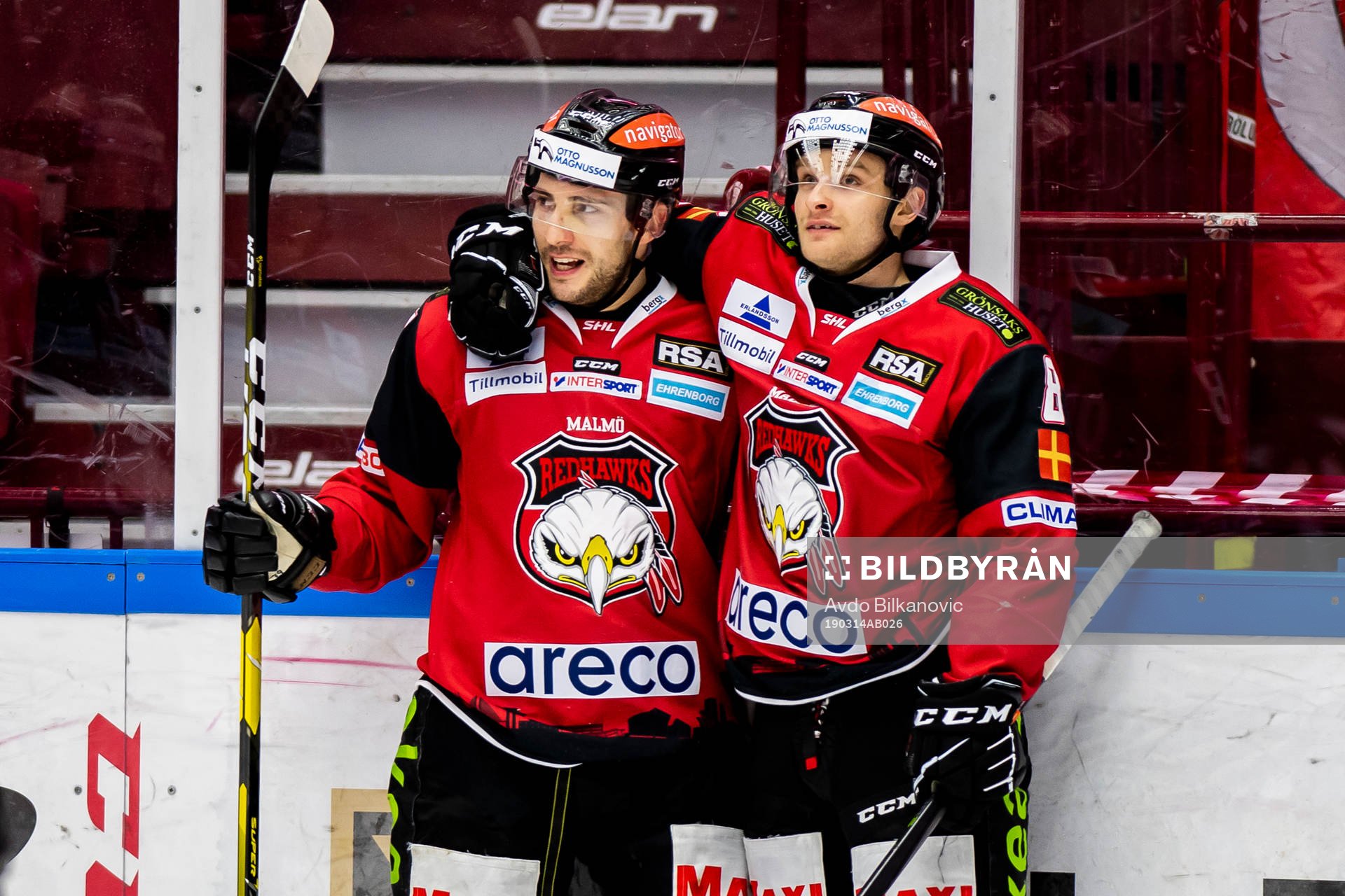 Malmö Redhawks Konstantin Komarek och Johan Olofsson jublar