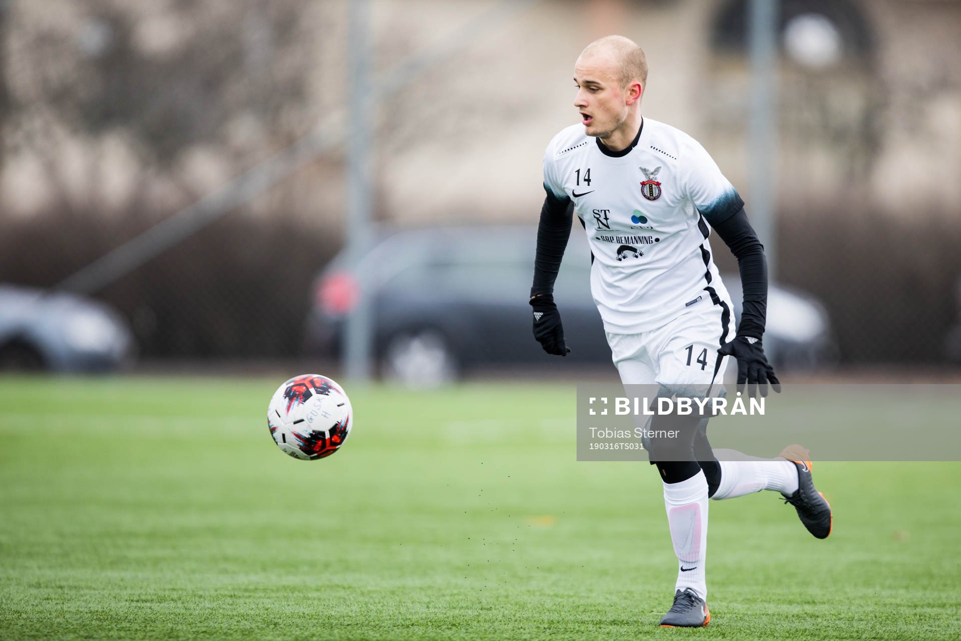 FC Stockholm Internatzionales Linus Hallström under träningsmatchen i fotboll mellan Gamla Upsala och FC Stockholm Internazionale den 16 mars 2019 i Uppsala.