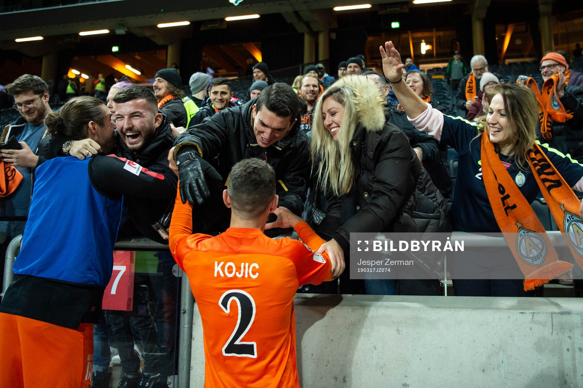 AFC Eskilstunas Adnan Kojic jublar tillsammans med publiken efter fotbollsmatchen i Svenska cupen mellan AIK och AFC Eskilstuna den 17 mars 2019 i Stockholm.