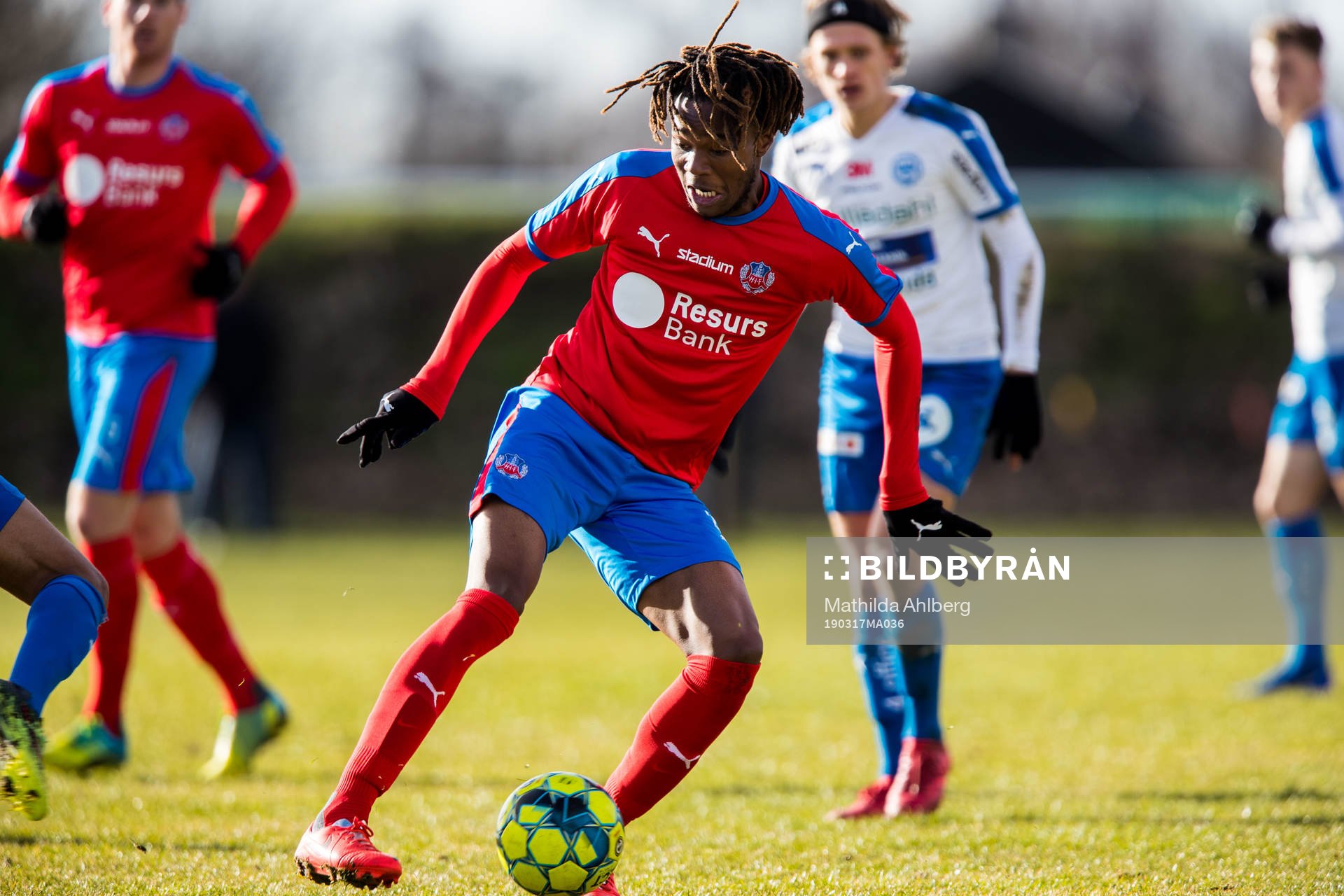 Helsingborgs Kundai Benyu under träningsmatchen i fotboll mellan Helsingborg och Värnamo den 17 mars 2019 i Strövelstorp. 