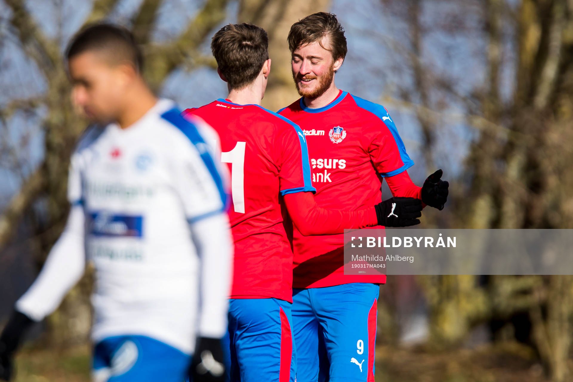 Helsingborgs Rasmus Jönsson jublar efter 1-0 under träningsmatchen i fotboll mellan Helsingborg och Värnamo den 17 mars 2019 i Strövelstorp. 