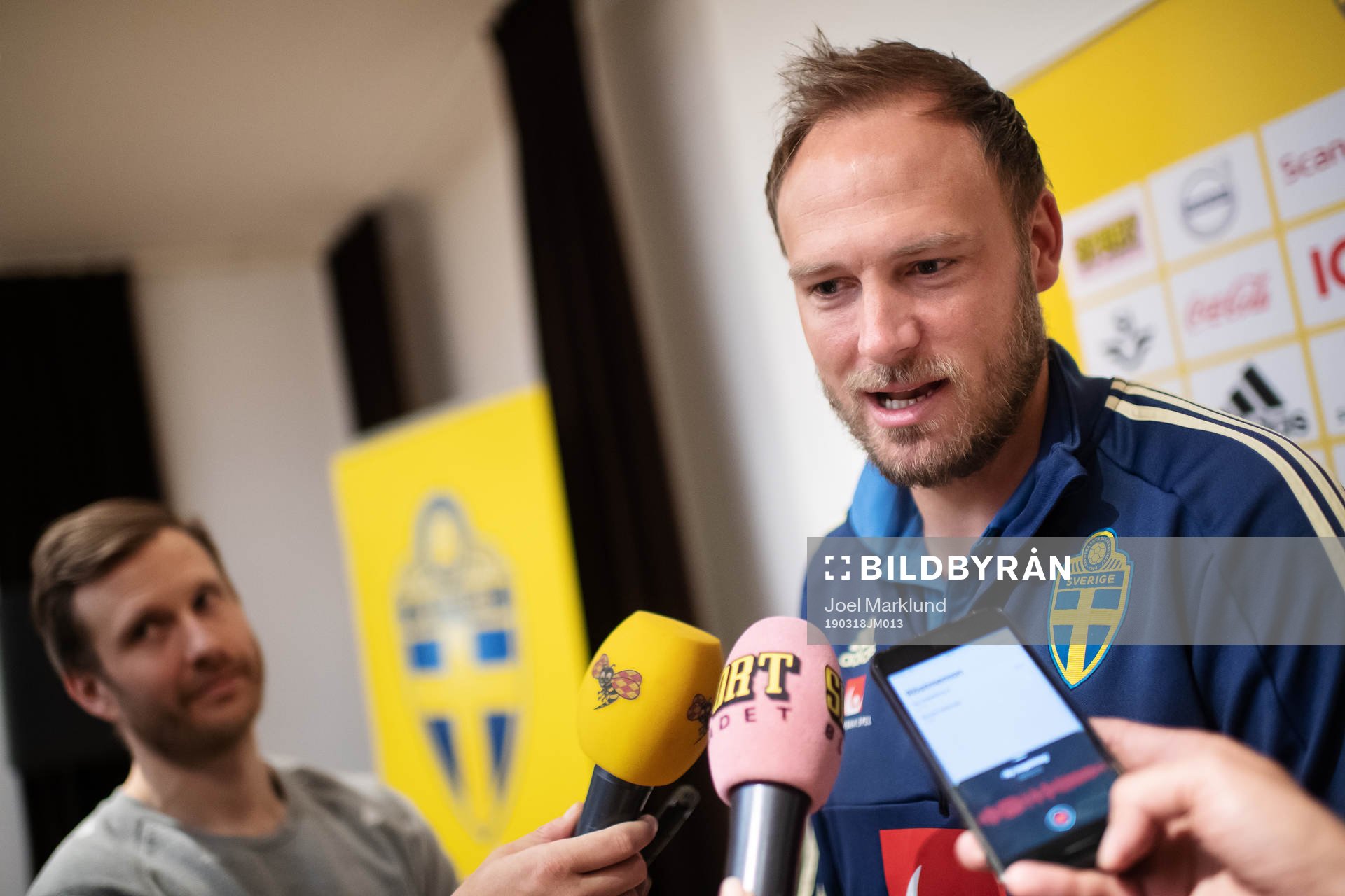 Andreas Granqvist of the Swedish national football team at a press event on March 18, 2019 in Stockholm.