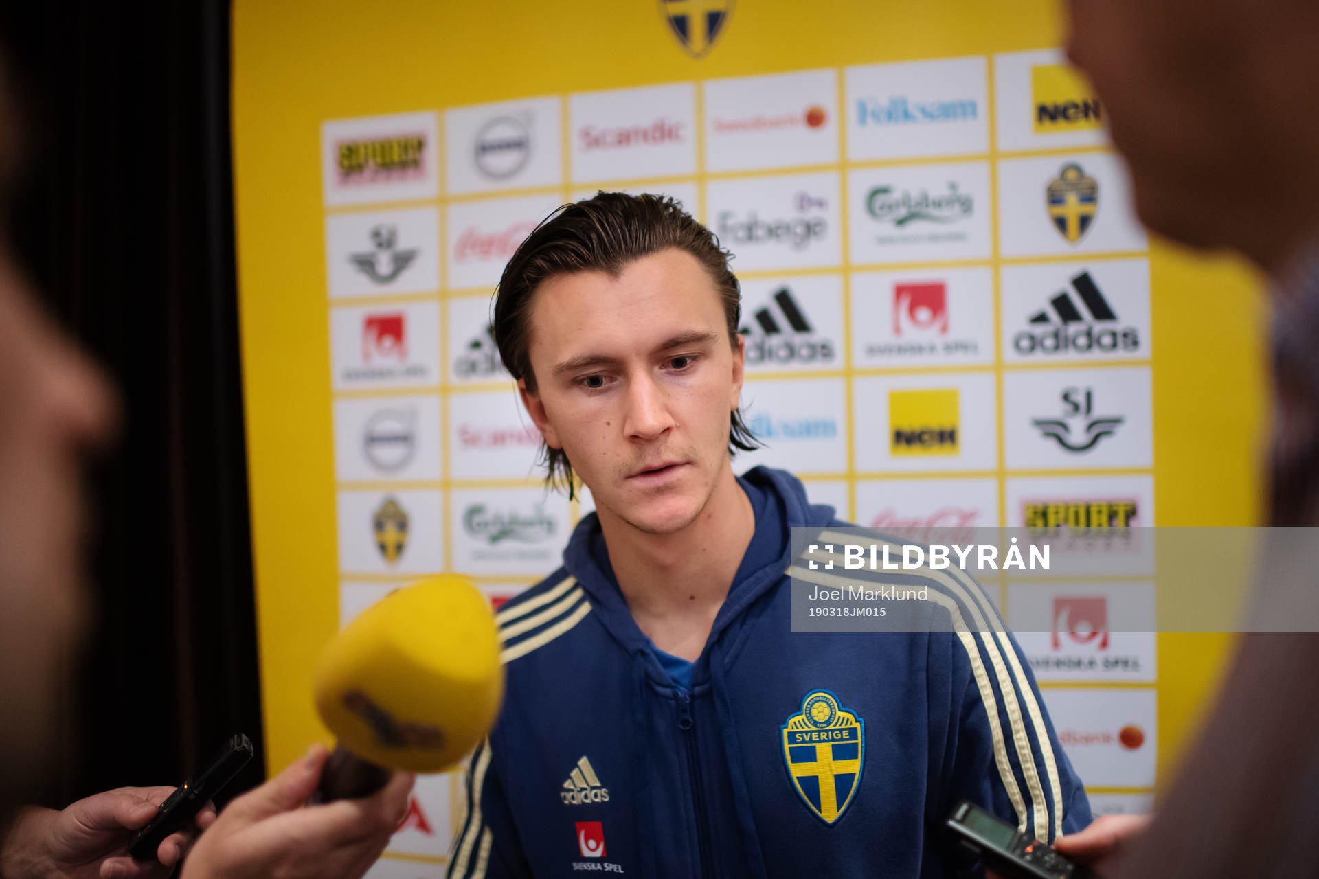Kristoffer Olsson of the Swedish national football team at a press event on March 18, 2019 in Stockholm.