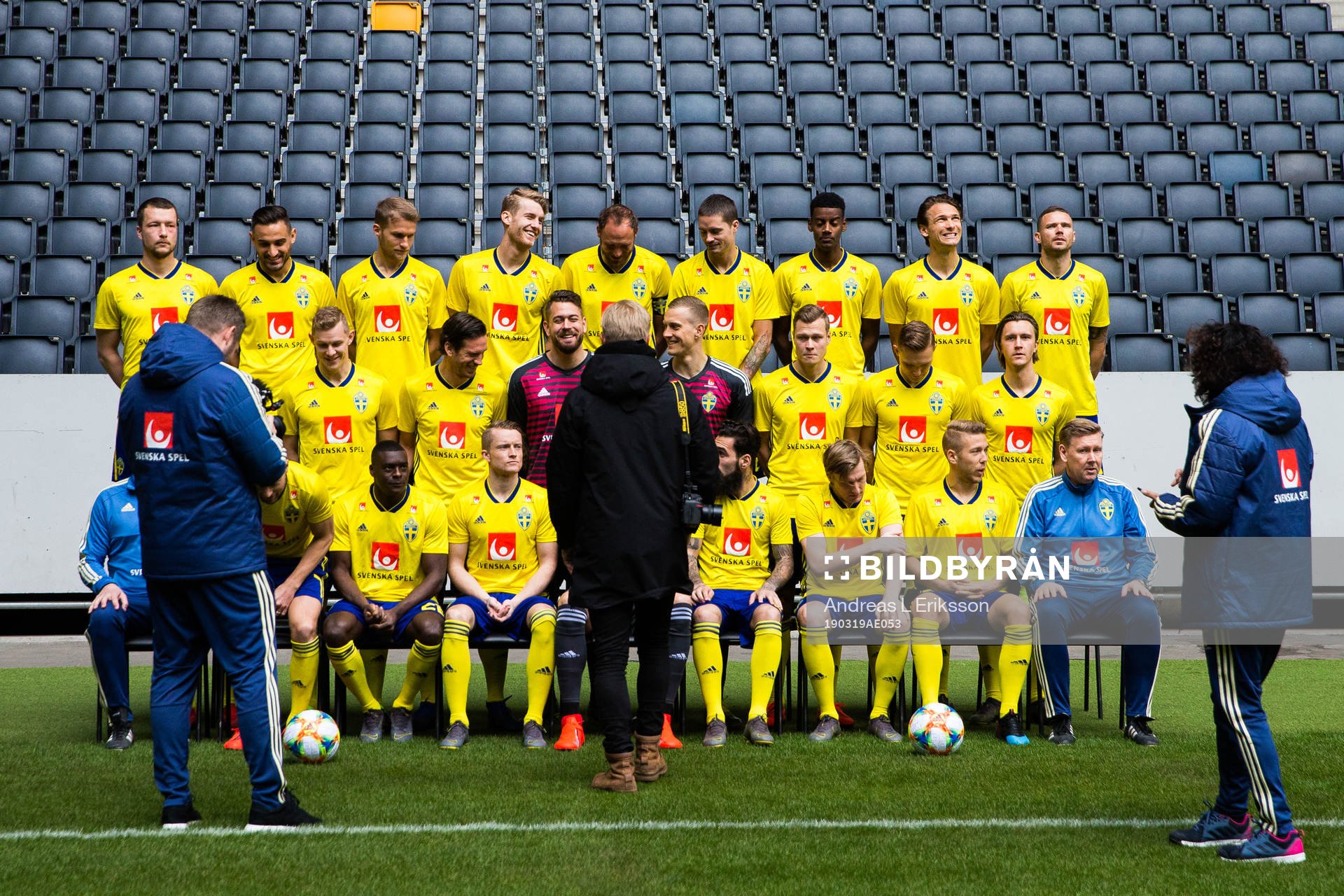 Members of the Swedish national football team are preparing for a team picture on March 19, 2019 in Stockholm.