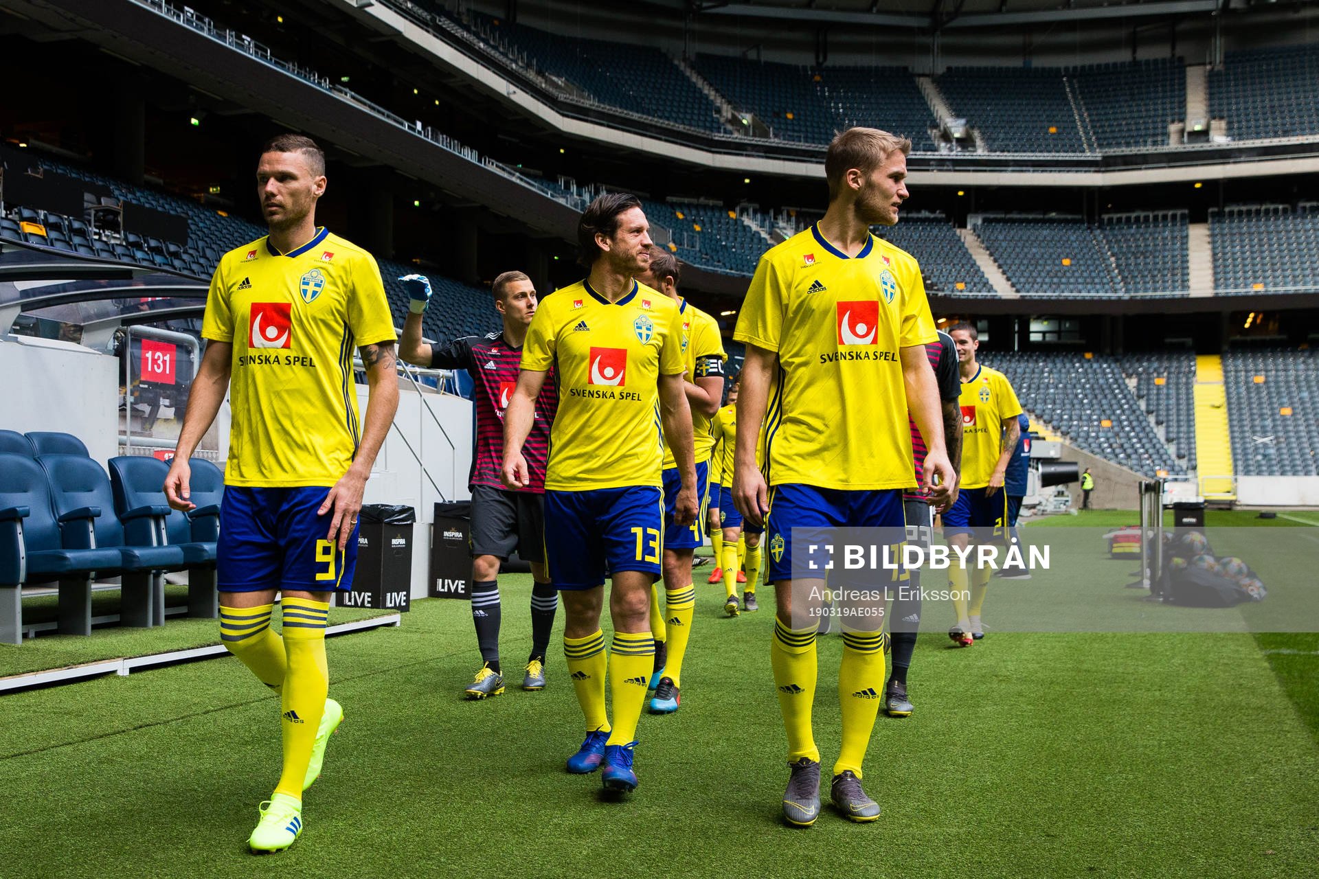Marcus Berg, Gustav Svensson and Sebastian Andersson of the Swedish national football team are preparing for a team picture on March 19, 2019 in Stockholm.