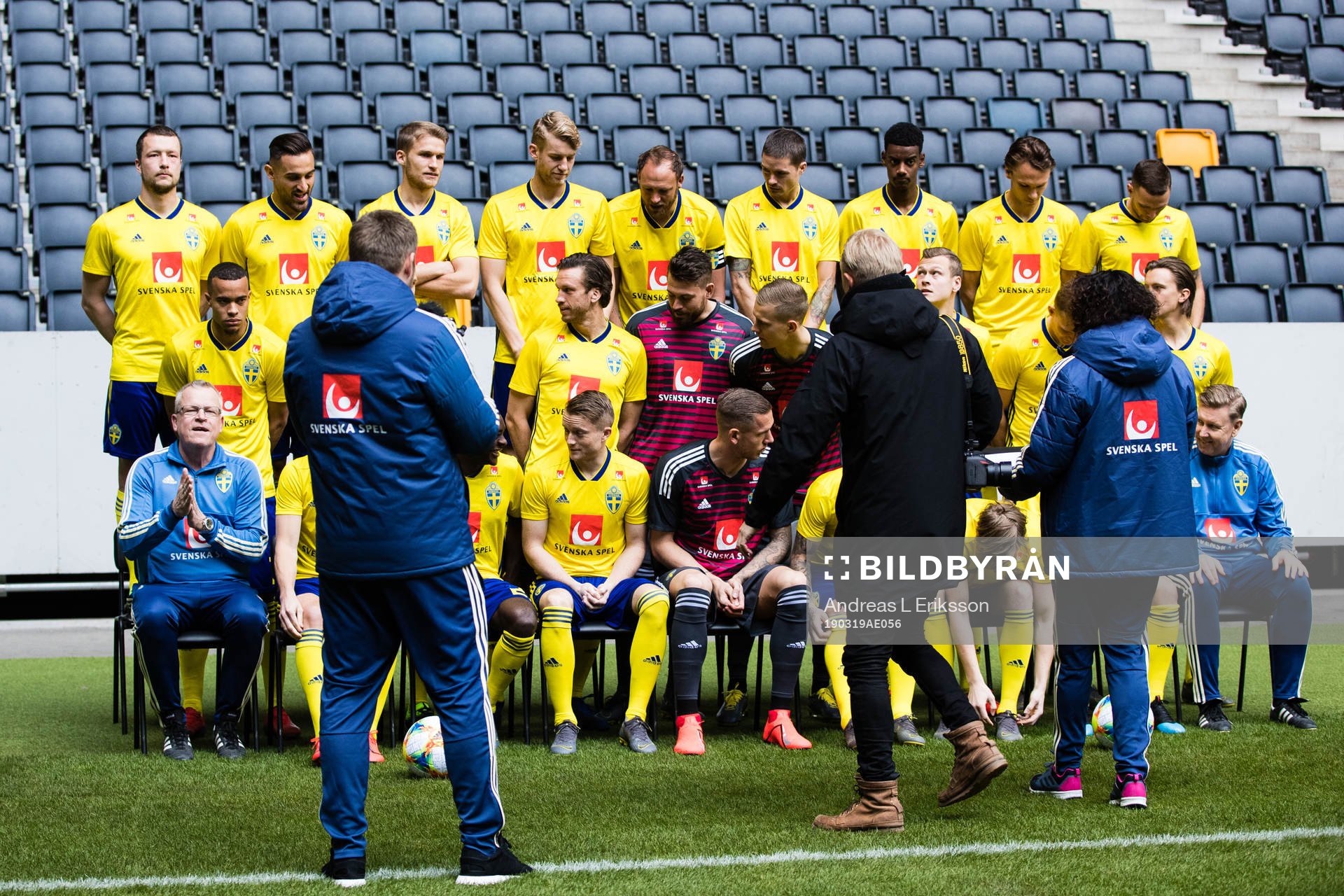 Members of the Swedish national football team are preparing for a team picture on March 19, 2019 in Stockholm.