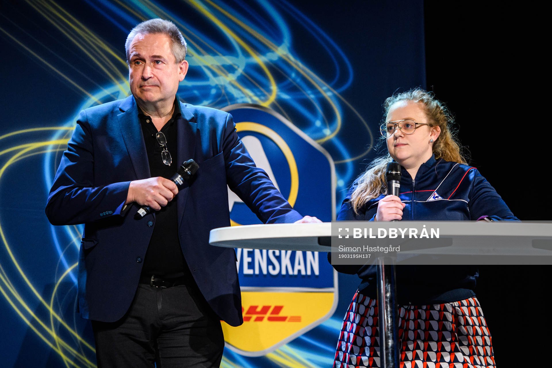 Mats Enquist, Generalsekreterare SEF och Sofia Bohlin, Ordförande SFSU under fotbollsallsvenskans upptaktsträff den 19 mars 2019 i Stockholm.