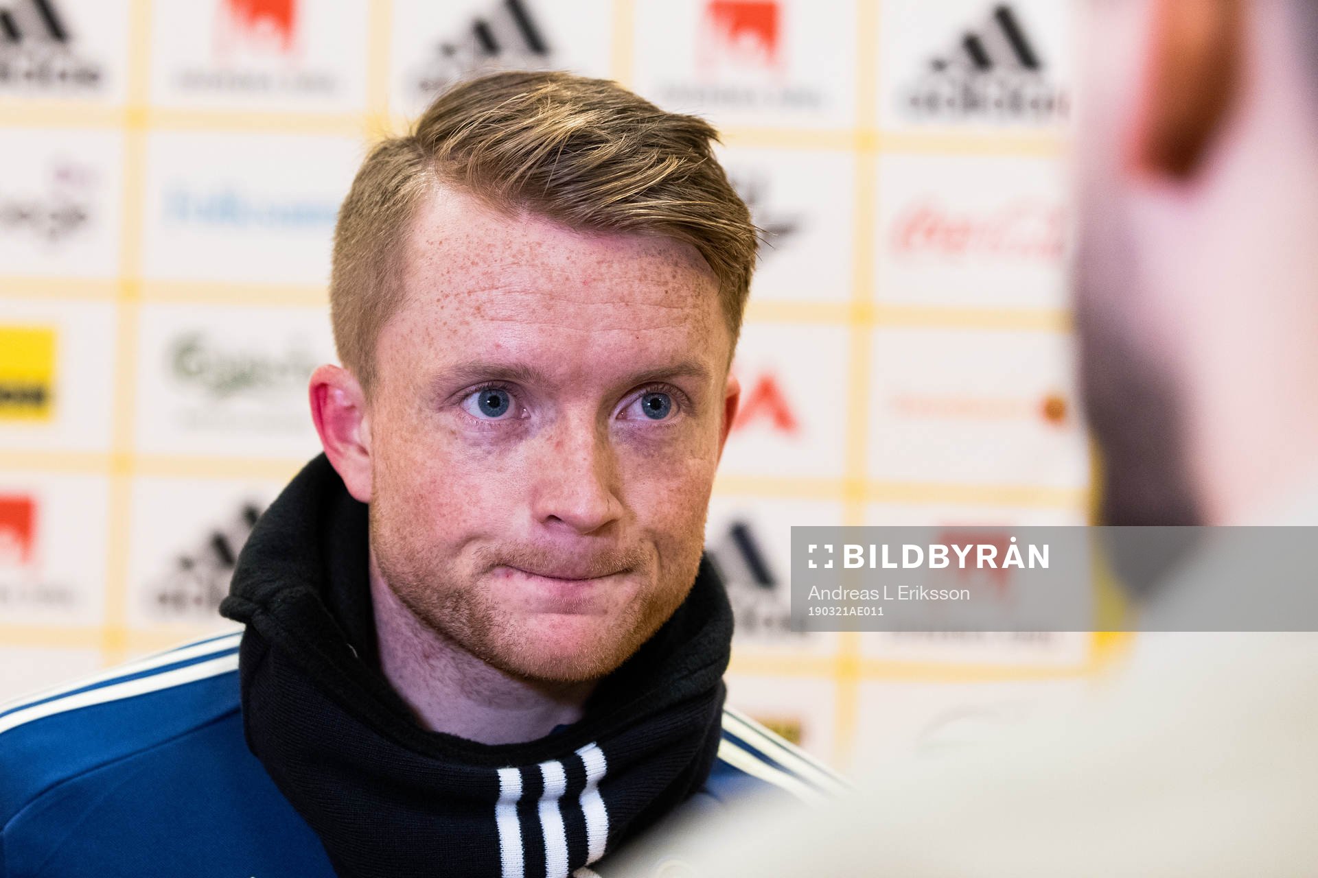 Sam Larsson of Sweden in the mixed zone on March 21, 2019 in Stockholm. 