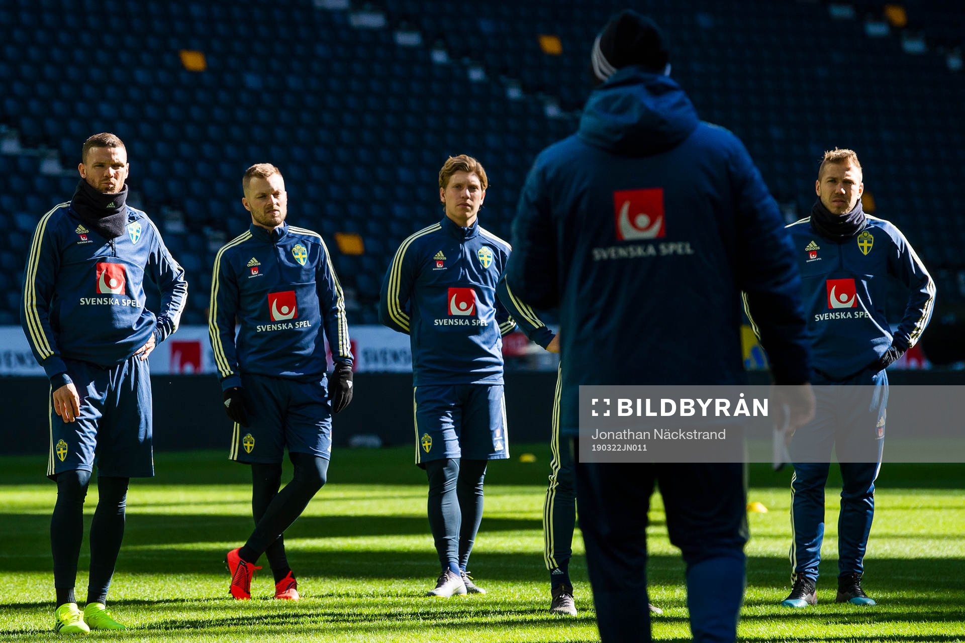 L to R Marcus Berg, Sebastian Larsson, Alexander Fransson and Anton Tinnerholm during a training session on March 22 2019 in Stockholm. 