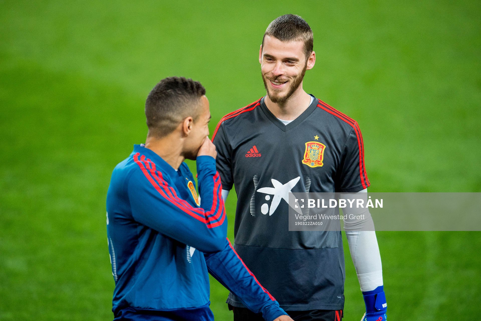 Rodrigo Moreno Machado and goalkeeper David de Gea of Spain during a training session on March 22, 2019 in Valencia.