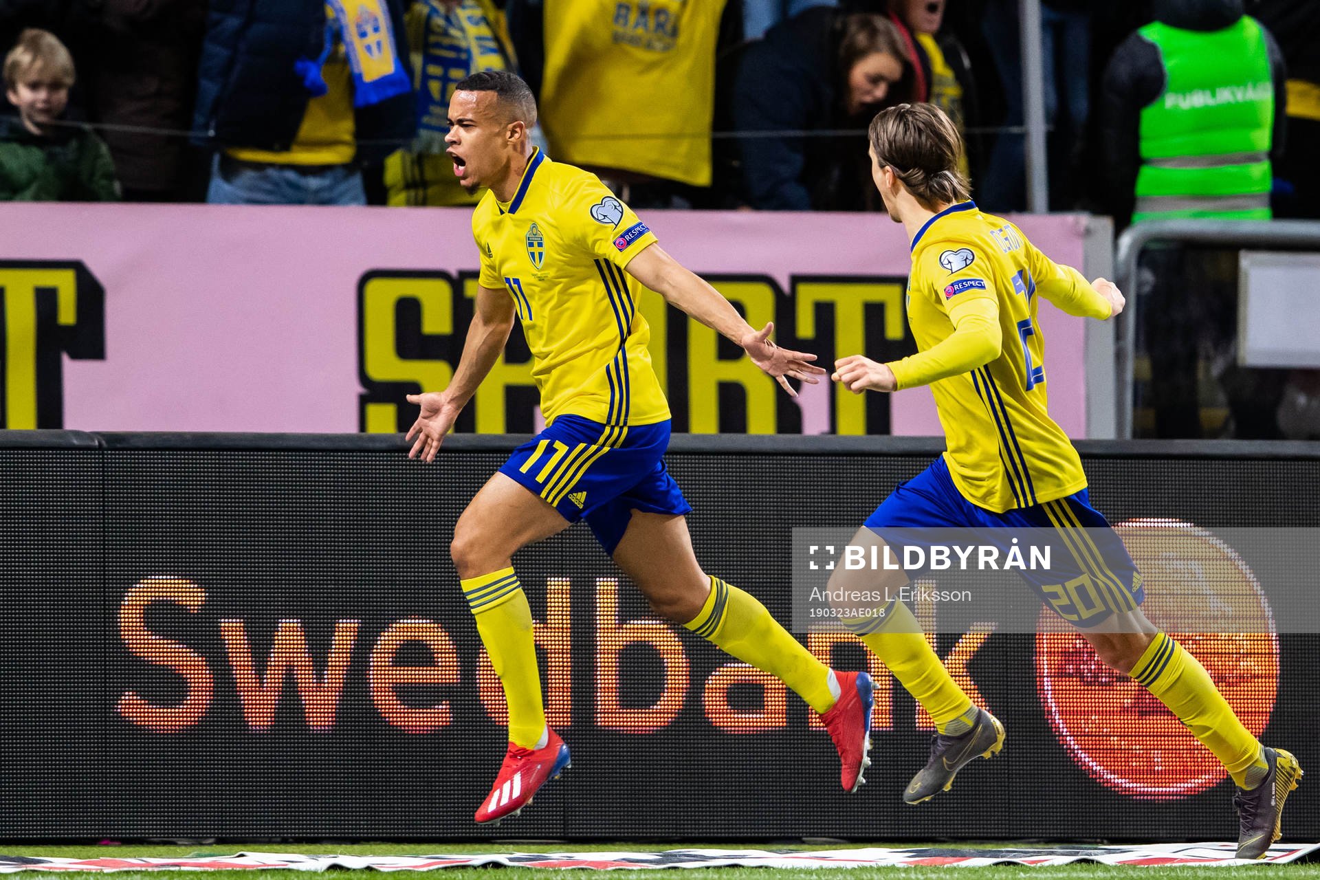 Robin Quaison and Kristoffer Olsson of Sweden celebrates