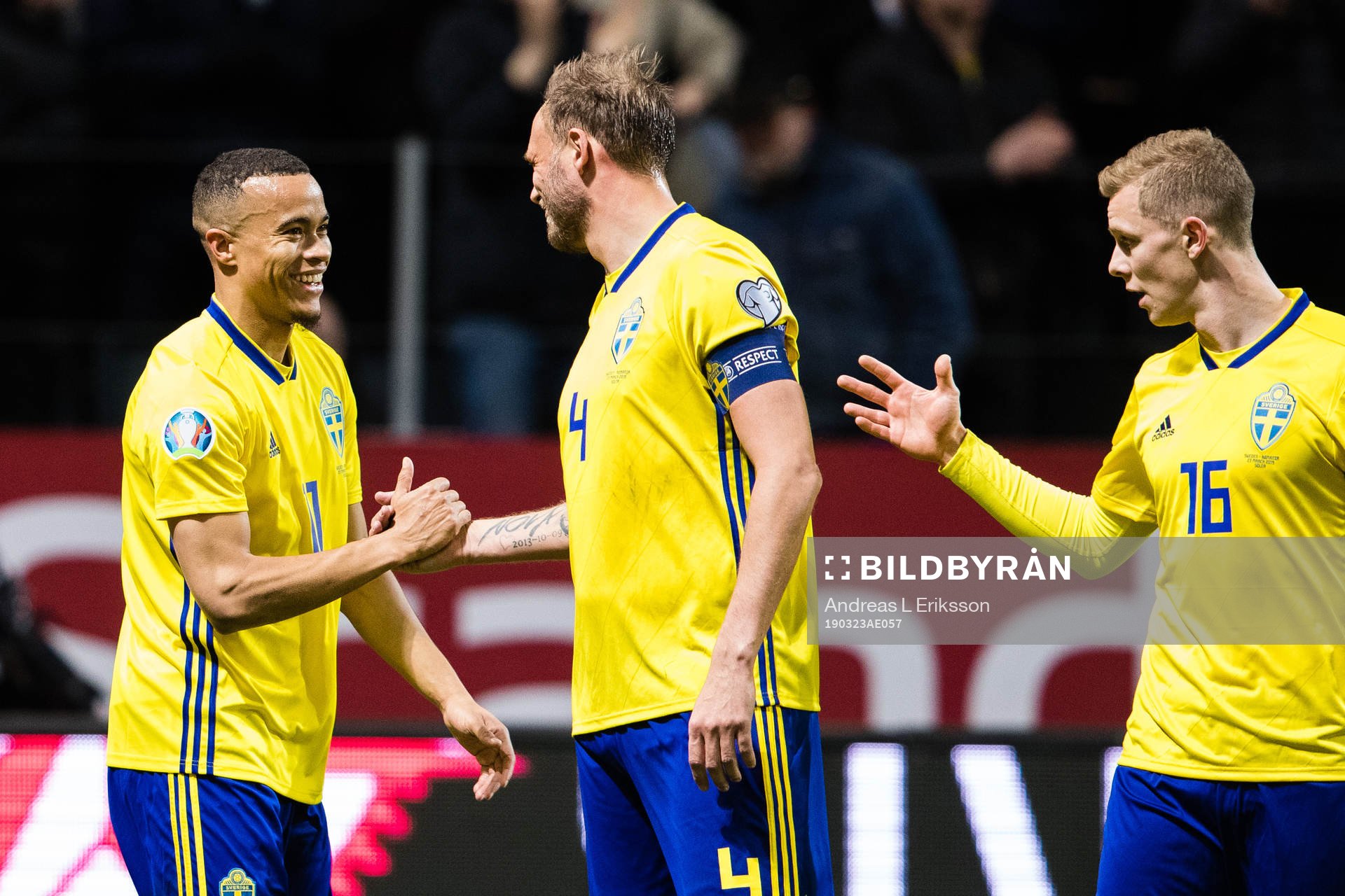 Robin Quaison, Andreas Granqvist and Emil Krafth celebrates after 1-0 by Quaison during the UEFA Euro Qualifier football match between Sweden and Romania on March 23, 2019 in Stockholm.