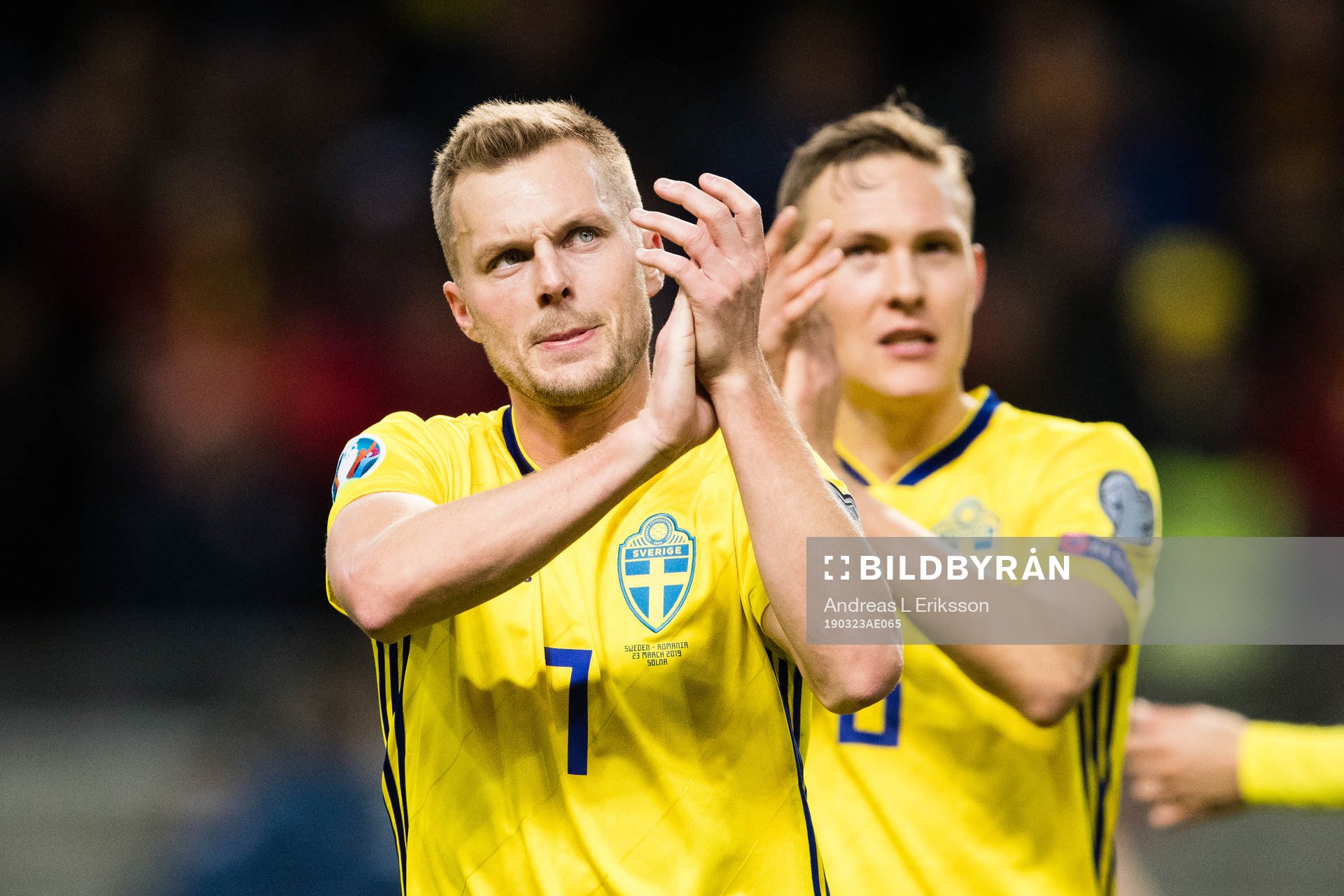 Sebastian Larsson and Ludwig Augustinsson of Sweden celebrates after the UEFA Euro Qualifier football match between Sweden and Romania on March 23, 2019 in Stockholm.