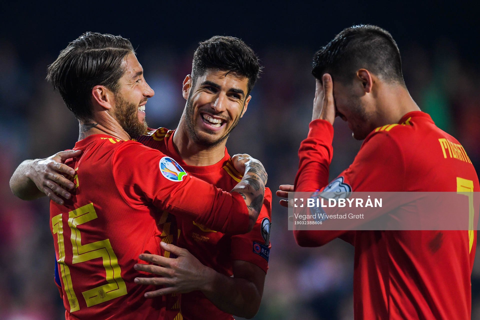 Sergio Ramos, Marco Asensio and Dani Ceballos Fernandez of Spain celebrates after 2-1 during the UEFA Euro Qualifier football match between Spain and Norway on March 23, 2019 in Valencia.