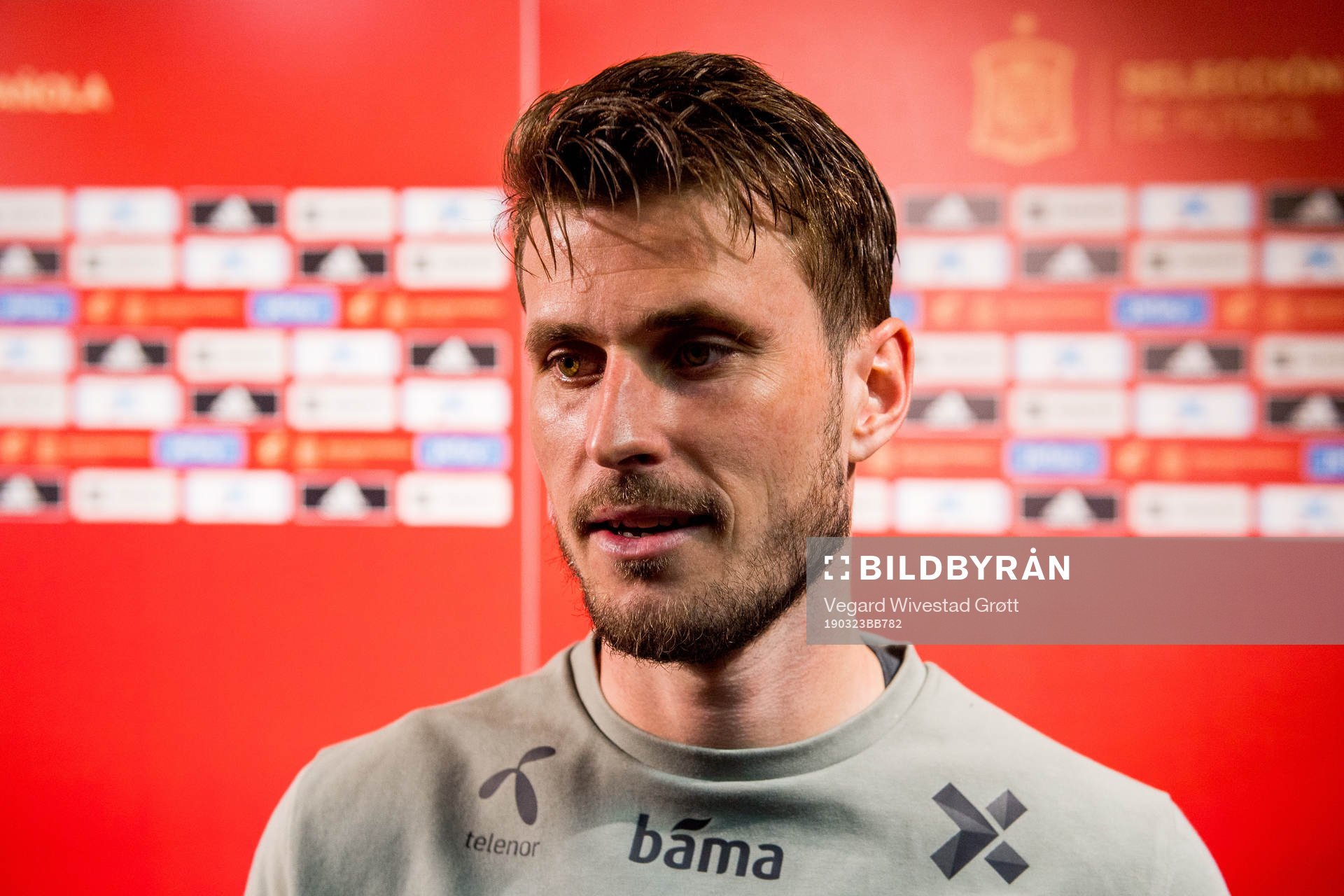 Håvard Nordtveit of Norway in the mixed zone after the UEFA Euro Qualifier football match between Spain and Norway on March 23, 2019 in Valencia.