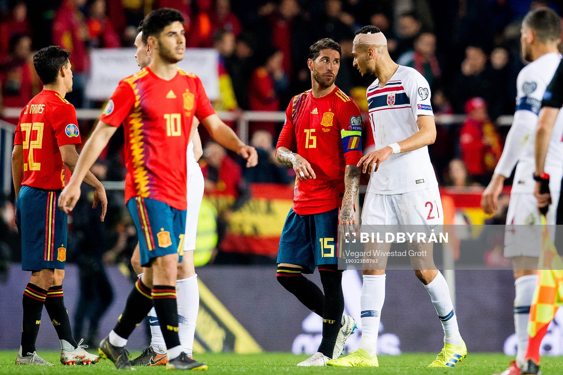 Sergio Ramos of Spain and Bjørn Maars Johnsen of Norway